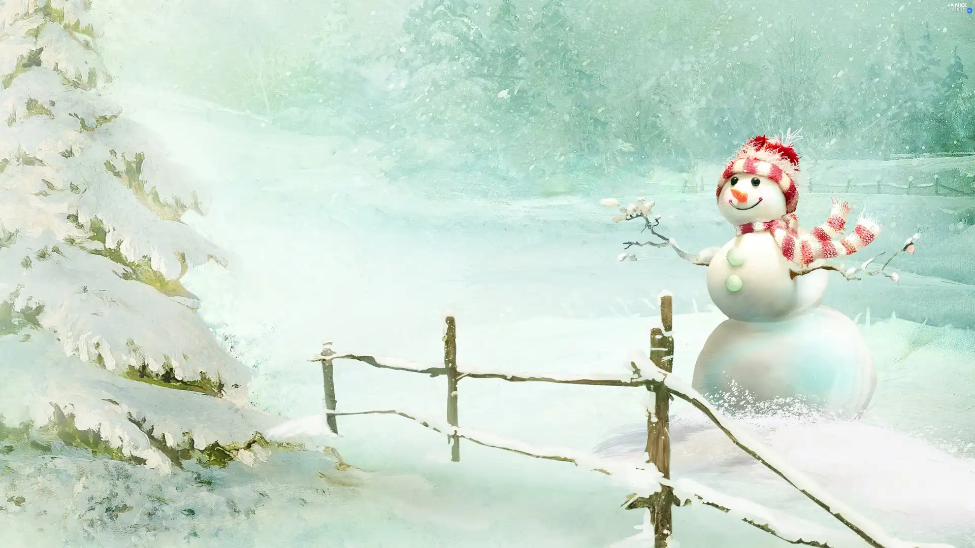 painting, winter, Snowman