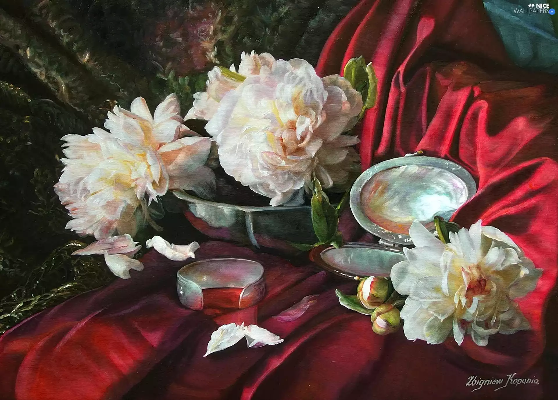 painting, Flowers, composition, Peonies, mirror, picture, Zbigniew Kopania, bracelet