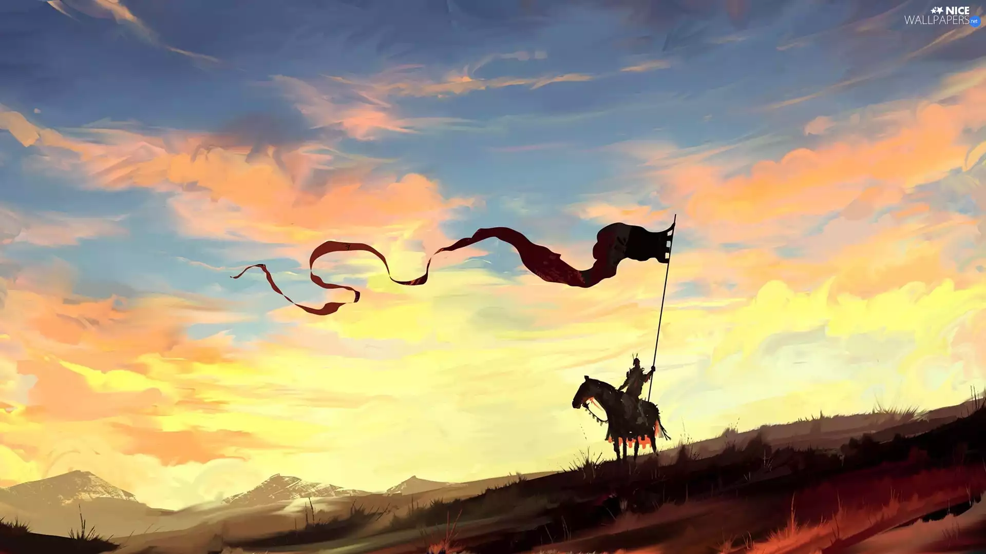 Sunrise, Paintography, Horse, Banner, Knight