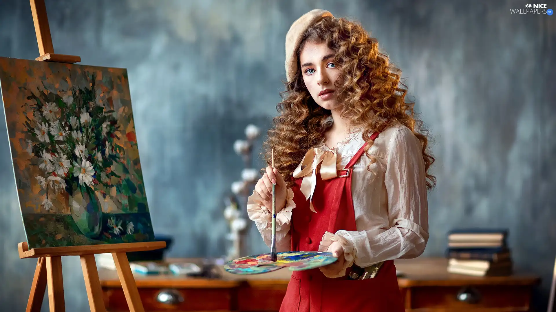 picture, Paints, girl, painter, redhead