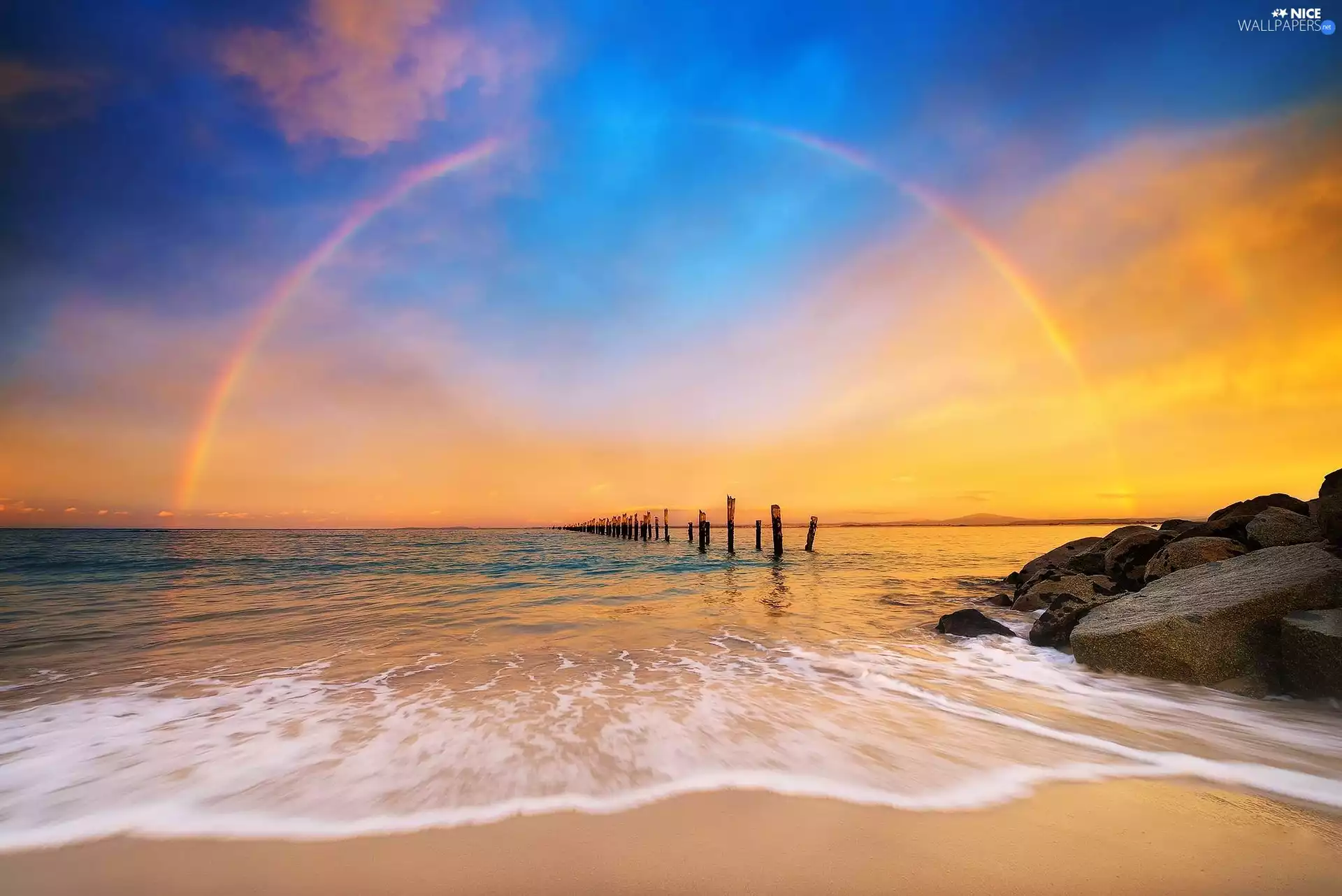 Great Rainbows, west, Pale, Stones, sea, sun