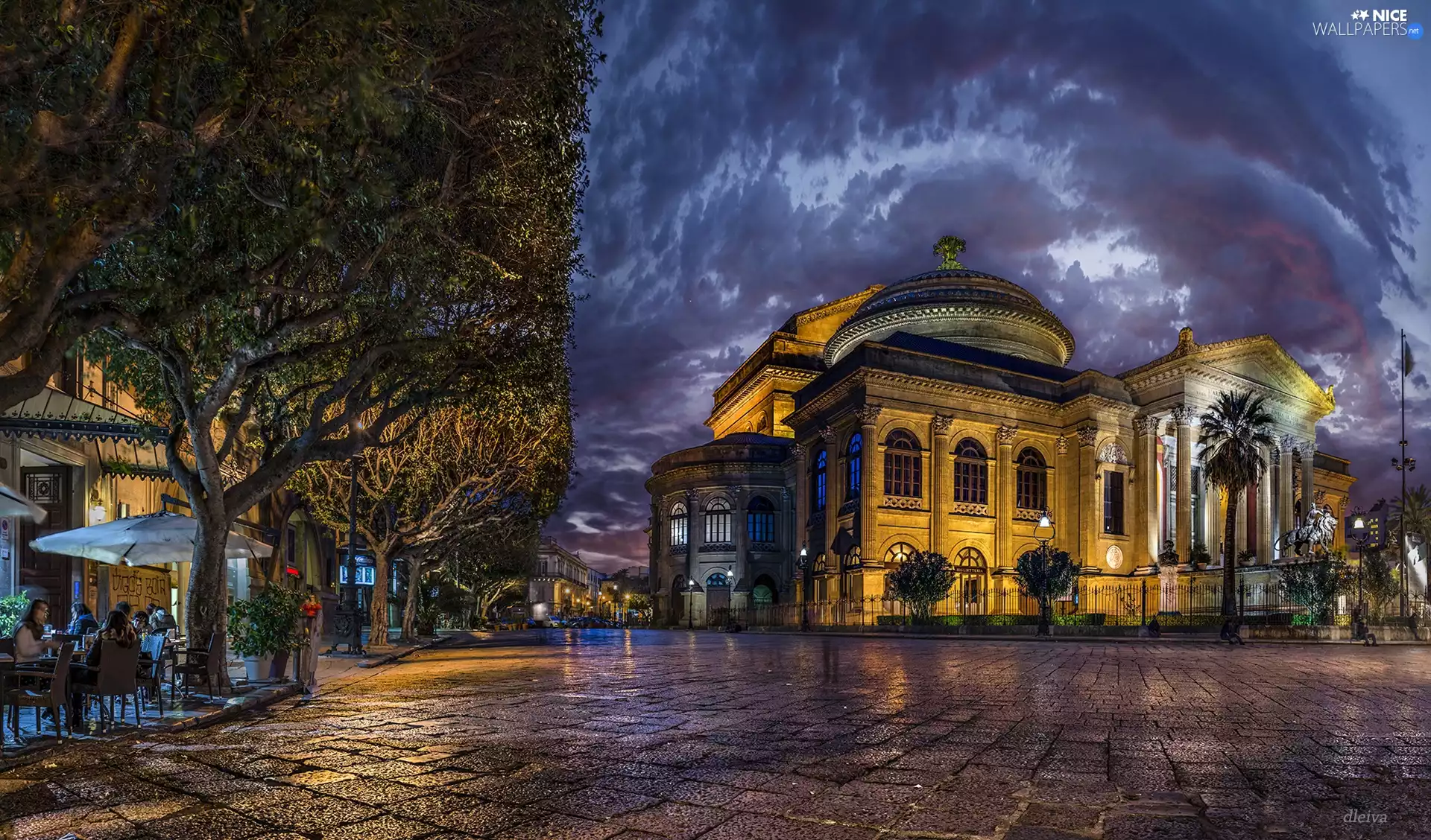 Palermo, Theater Massimo, viewes, Way, trees, Sicilia, Italy, cafeteria