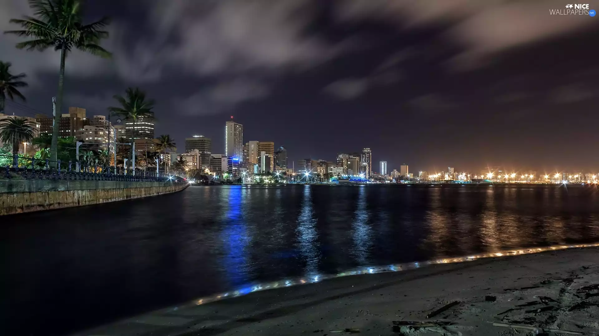 Town, South Africa, Palms, Ocean, Night, Durban