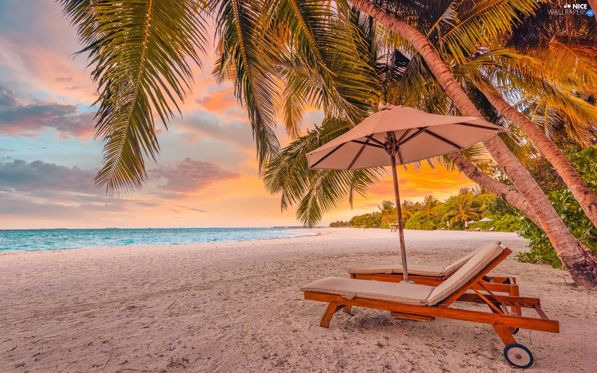 Palms, sea, umbrella, Beaches, Maldives, deck chair, Great Sunsets