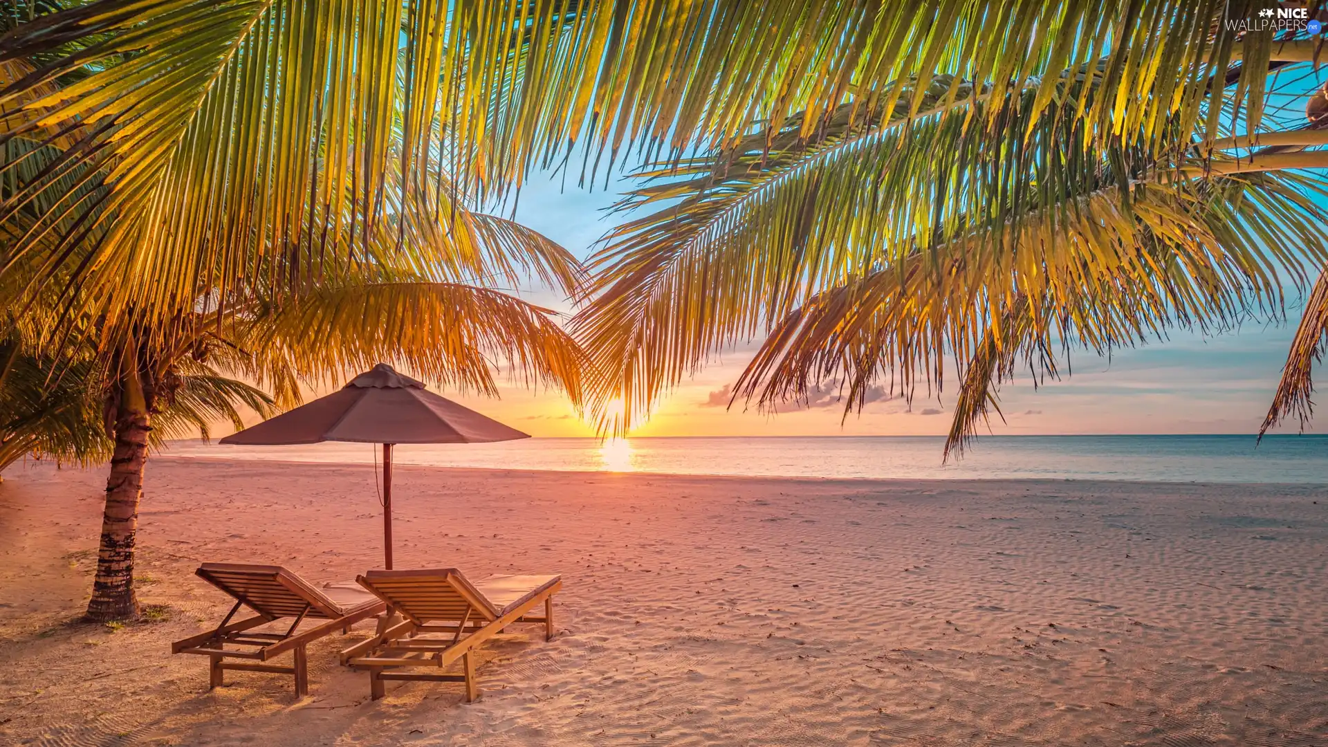 Palms, sea, Umbrella, Beaches, Maldives, deck chair, Great Sunsets