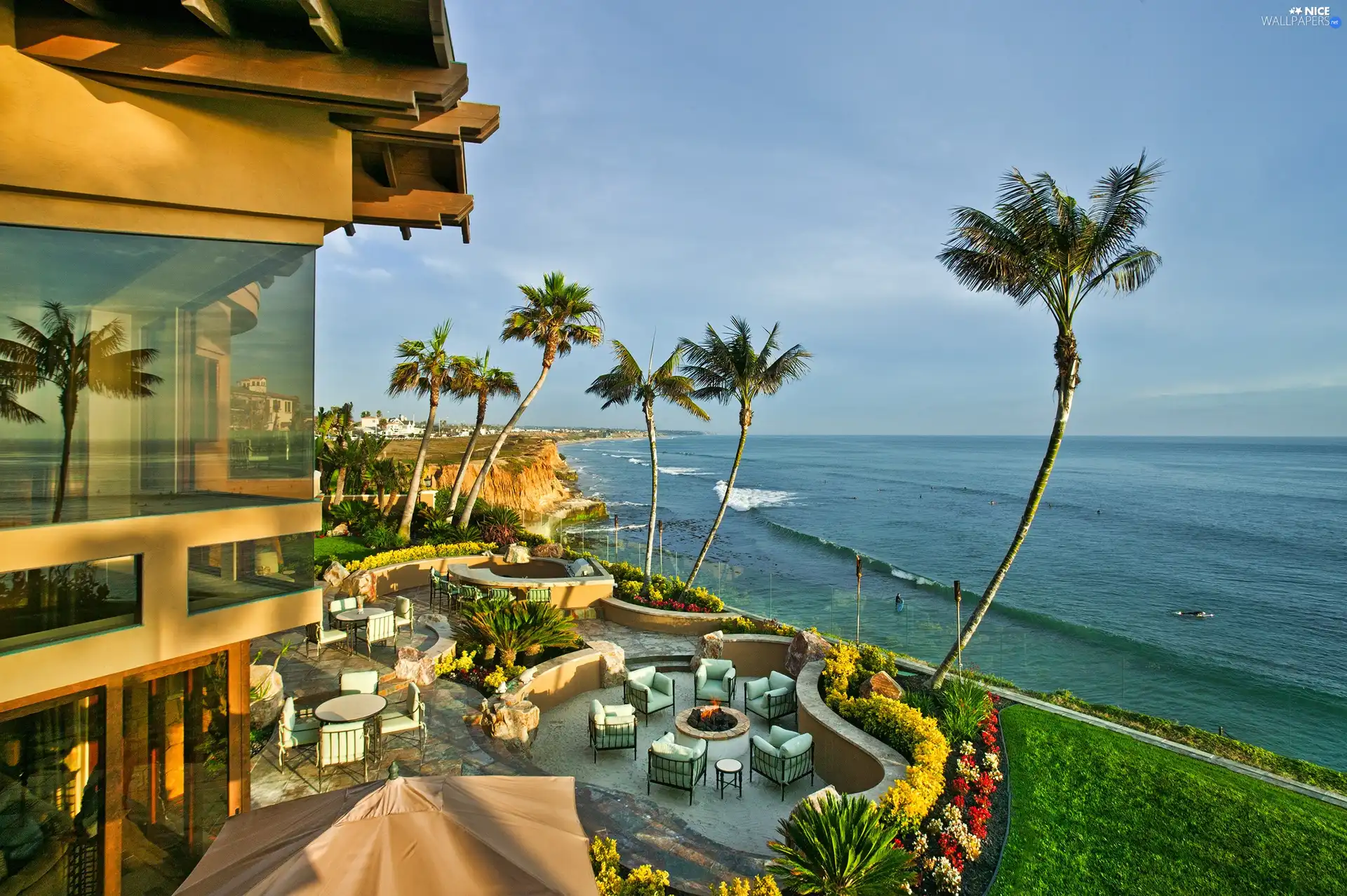 sea, terrace, Palms, Hotel hall