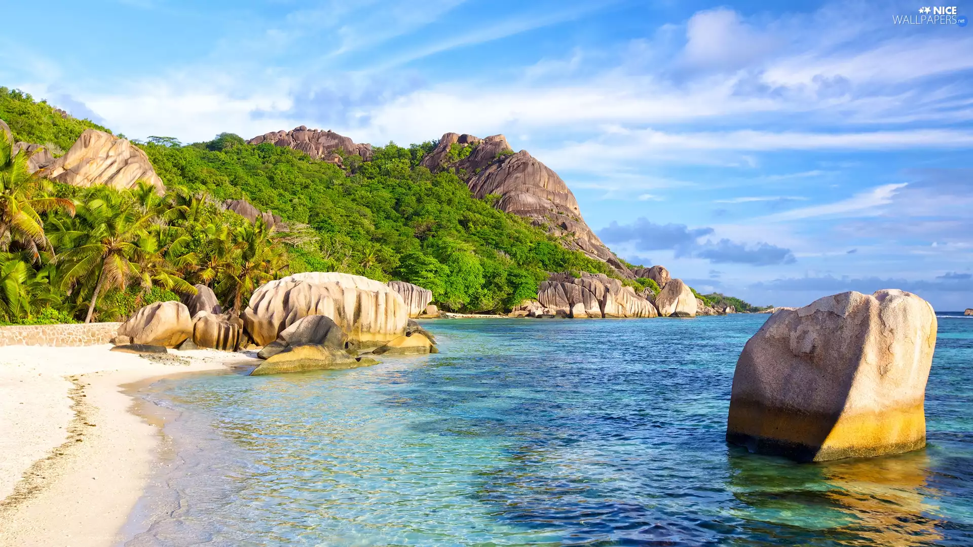 Palms, VEGETATION, Seychelles, sea, La Digue Island, boulders, rocks, clouds