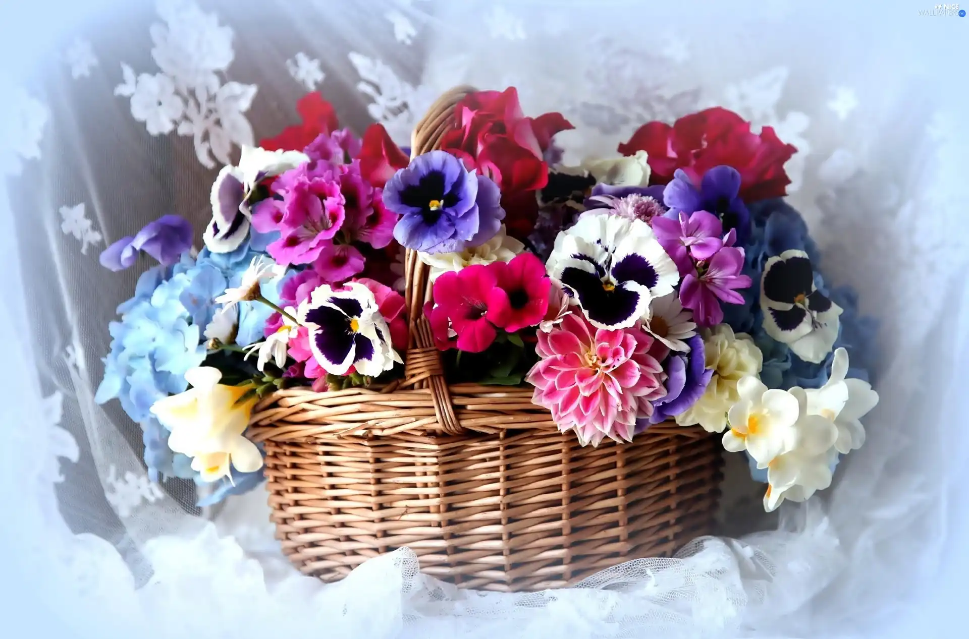 pansies, dahlias, Colorful, flowers, bouquet