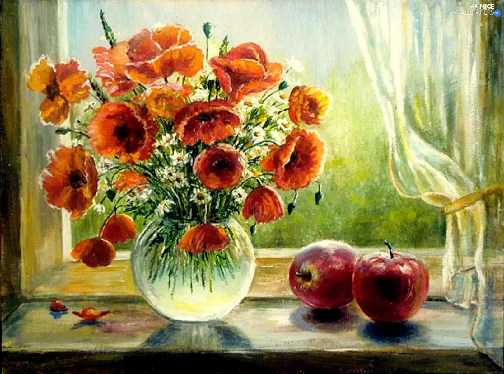 picture, Vase, papavers, apples