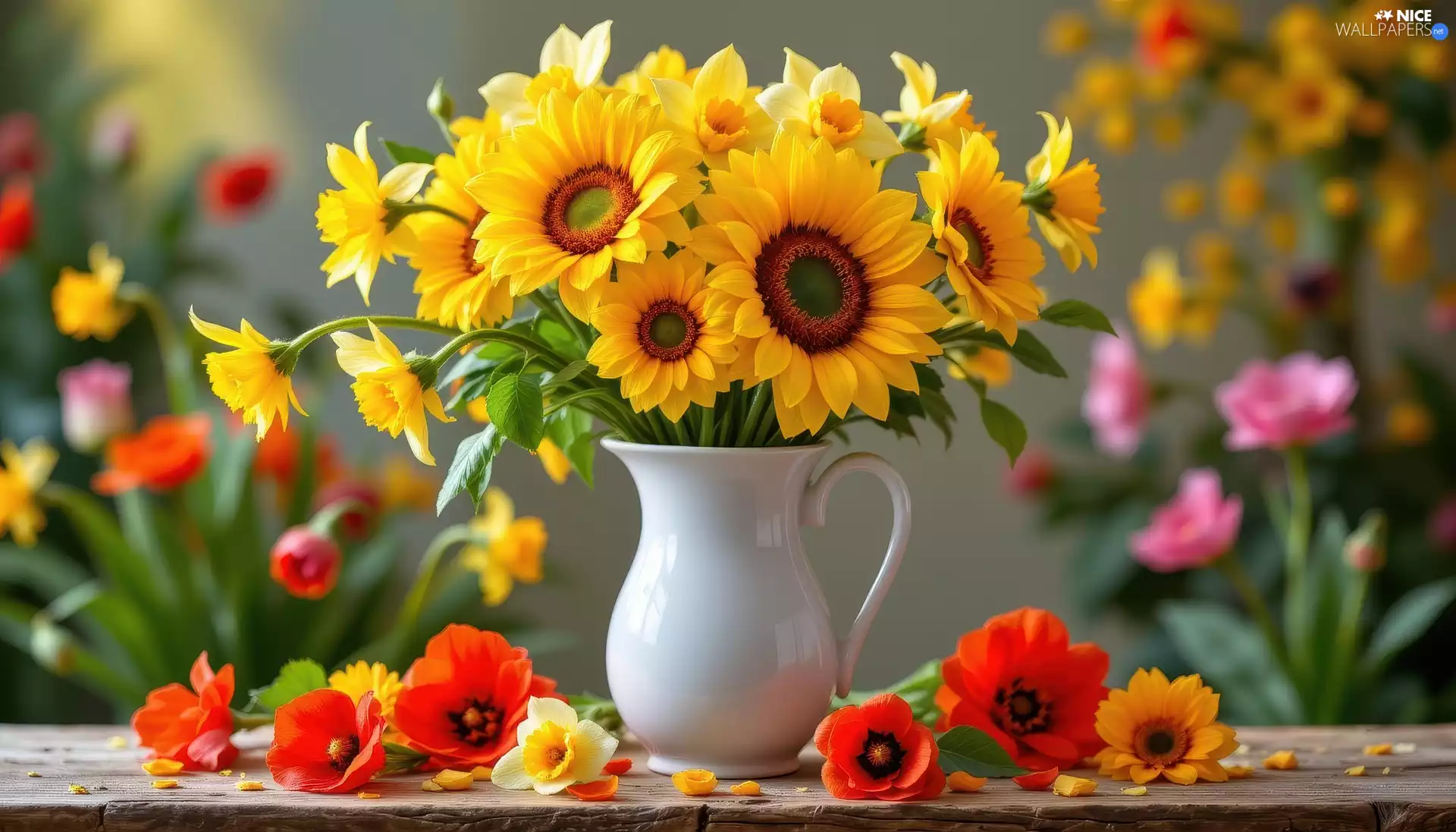 Flowers, papavers, Vase, Nice sunflowers