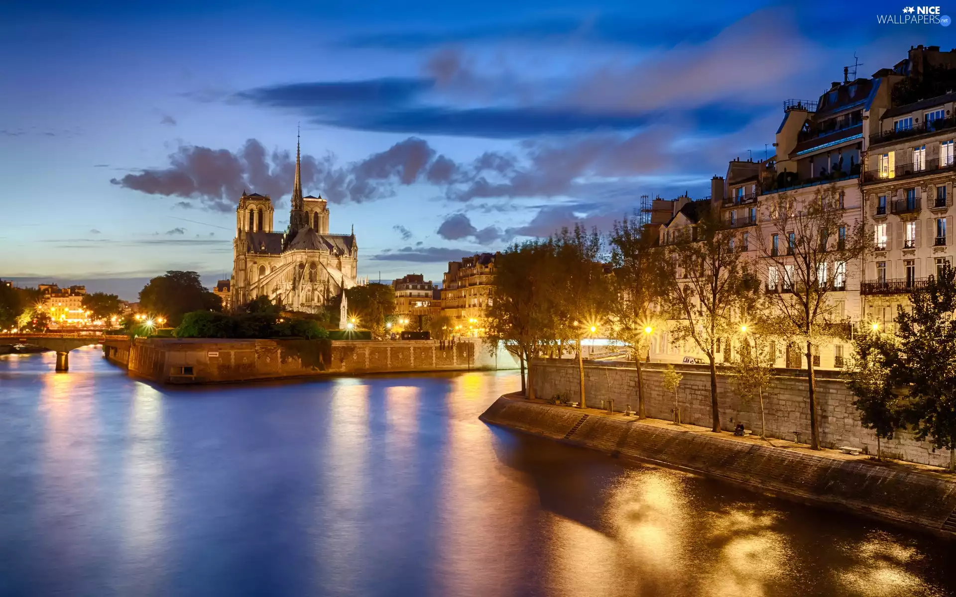 River, Notre, Houses, Paris, Notre, bridge, Night