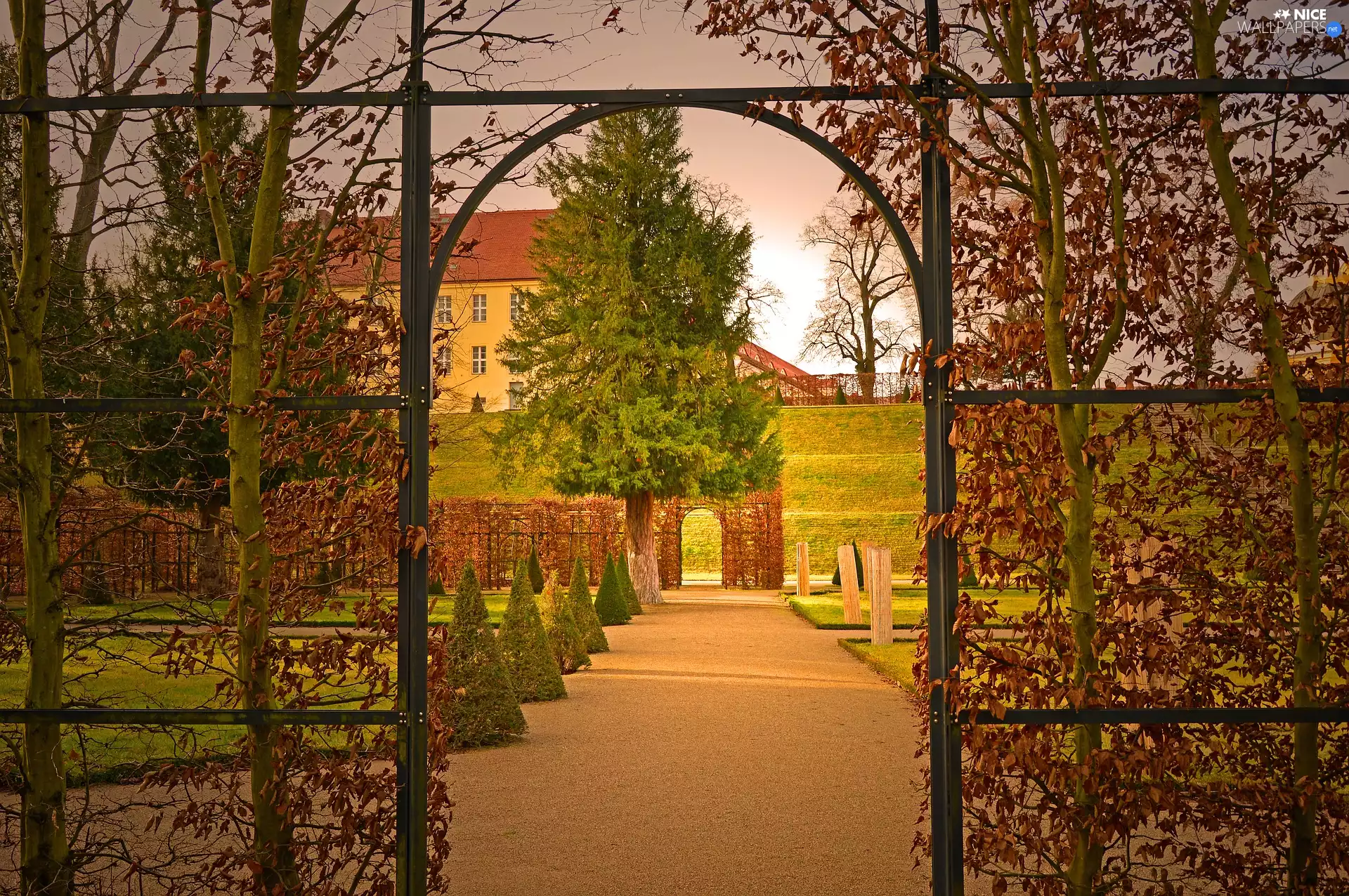 Park, autumn, lane, pergola, trees, viewes, hedge, house, Gate