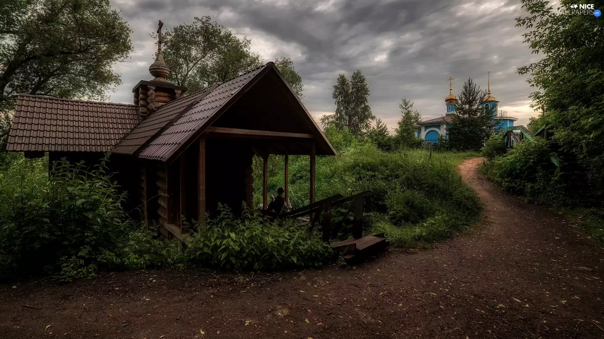 Cerkiew, Wooden, viewes, Path, trees, chapel