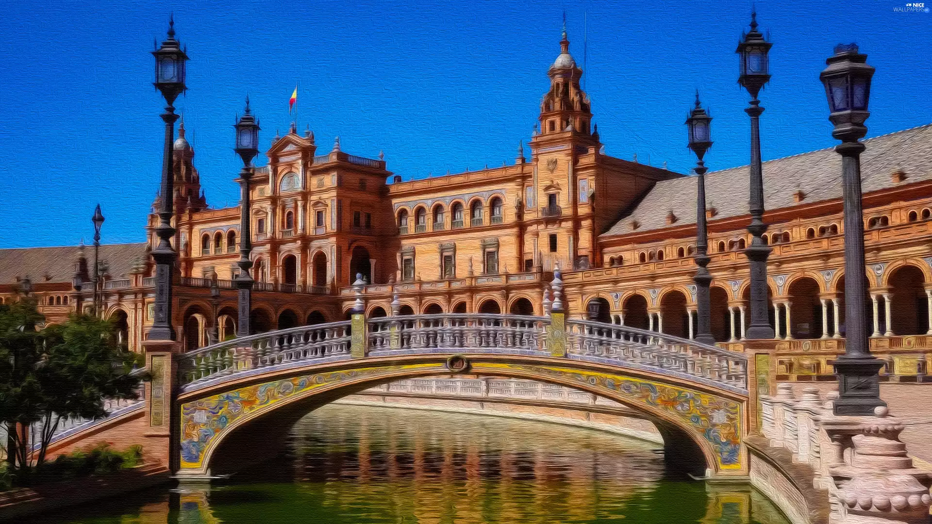 pavilion, Seville, bridge, Plaza de Espana, Spain, lanterns, graphics