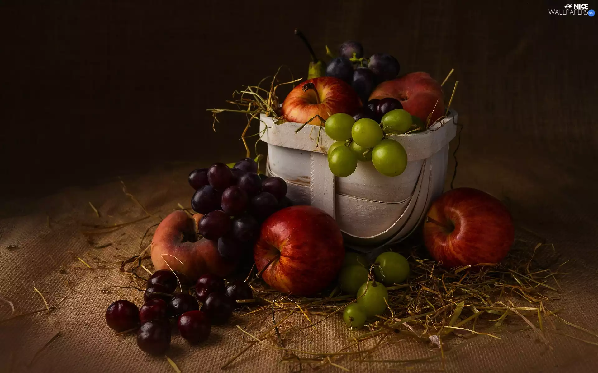 apples, peaches, Fruits, Grapes, basket