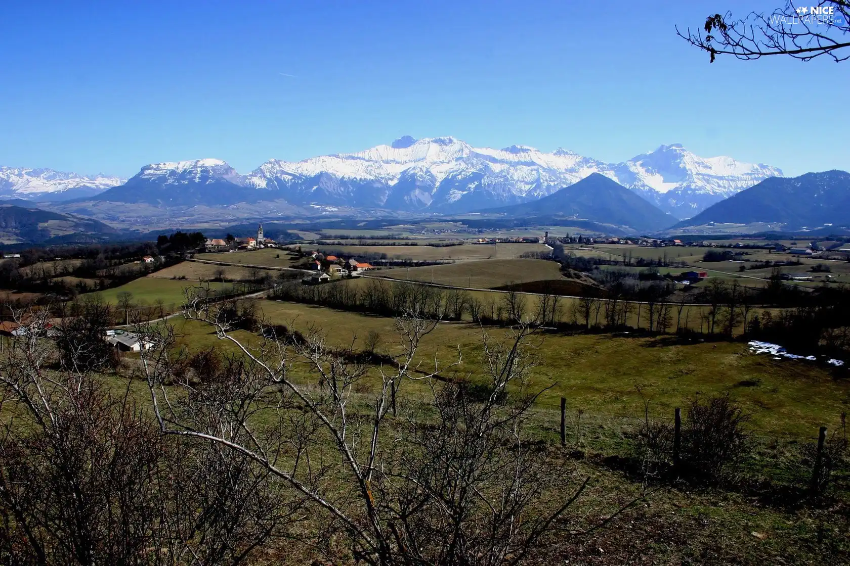 field, Snowy, peaks, Mountains