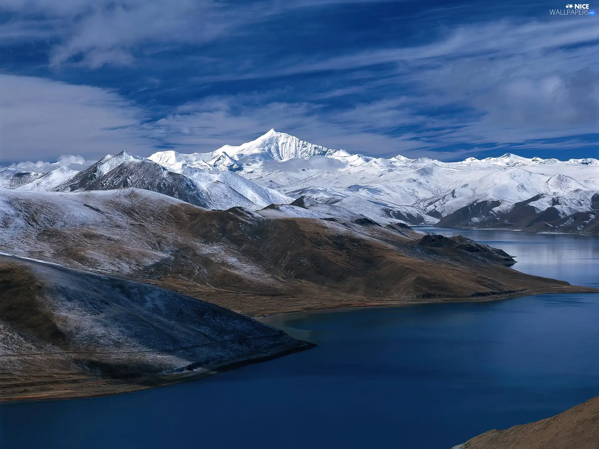 Mountains, snow, peaks, River