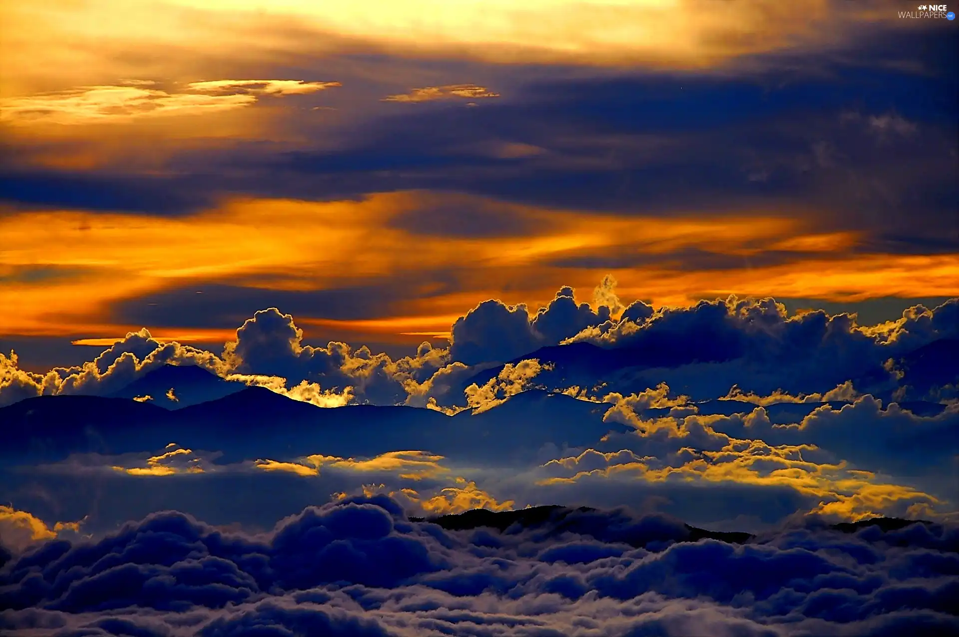 peaks, Mountains, sun, clouds, west