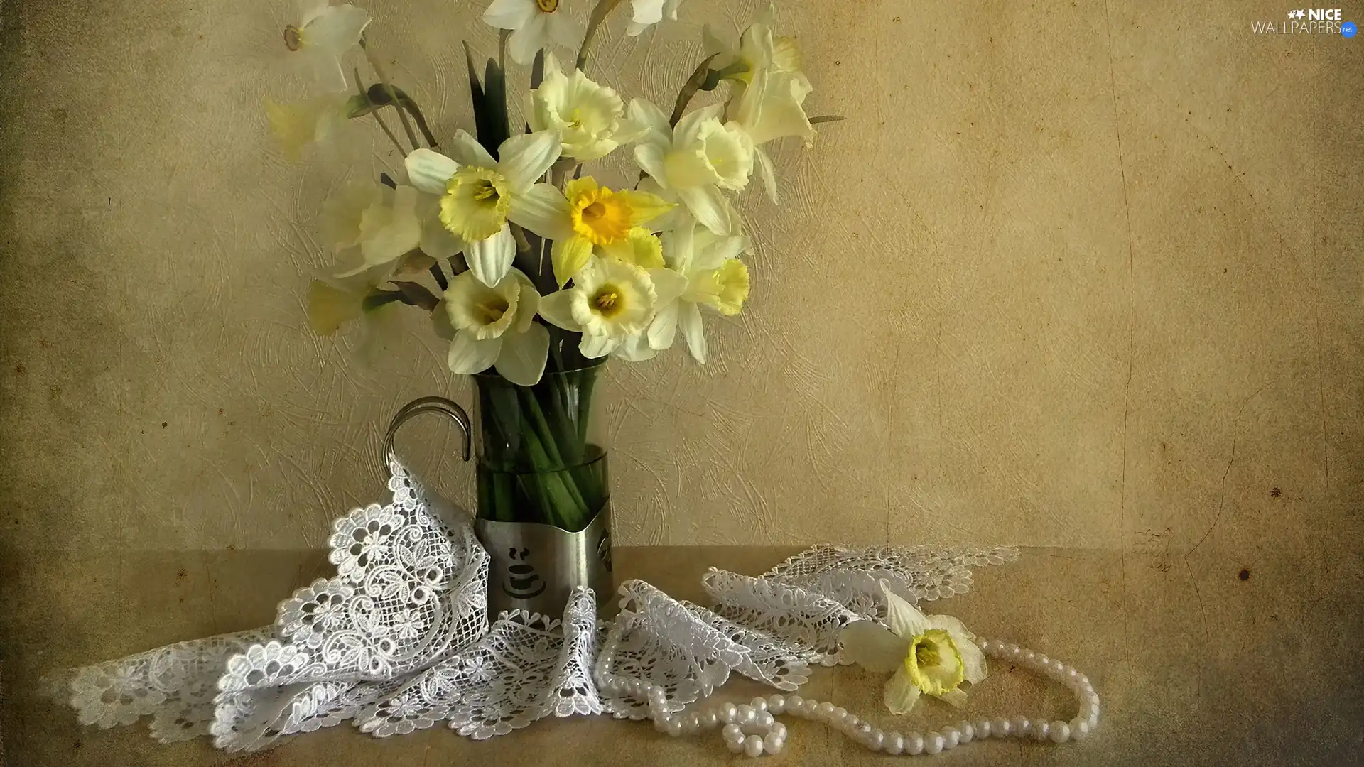 Pearl, lace, Yellow, Daffodils, Vase