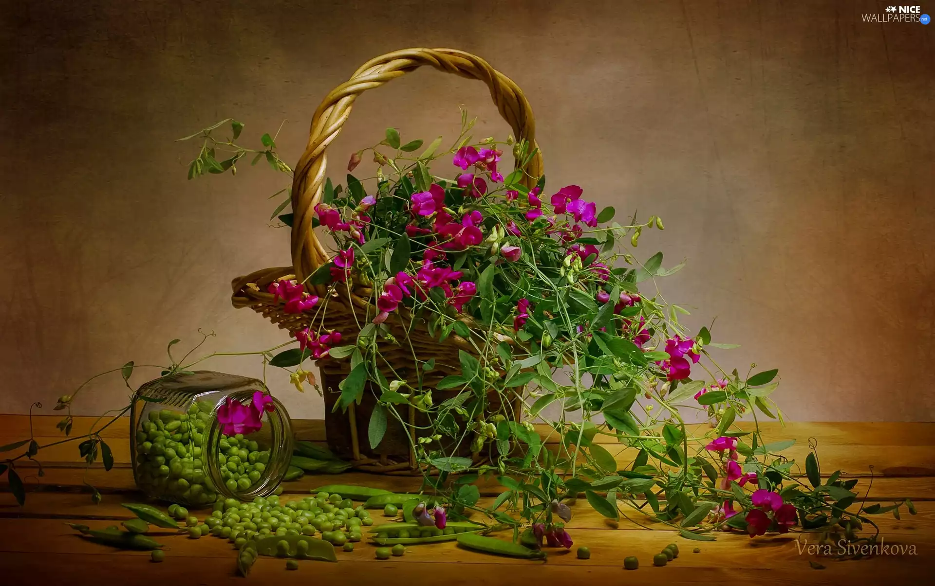 basket, pods, Fragrant Peas, Flowers, composition