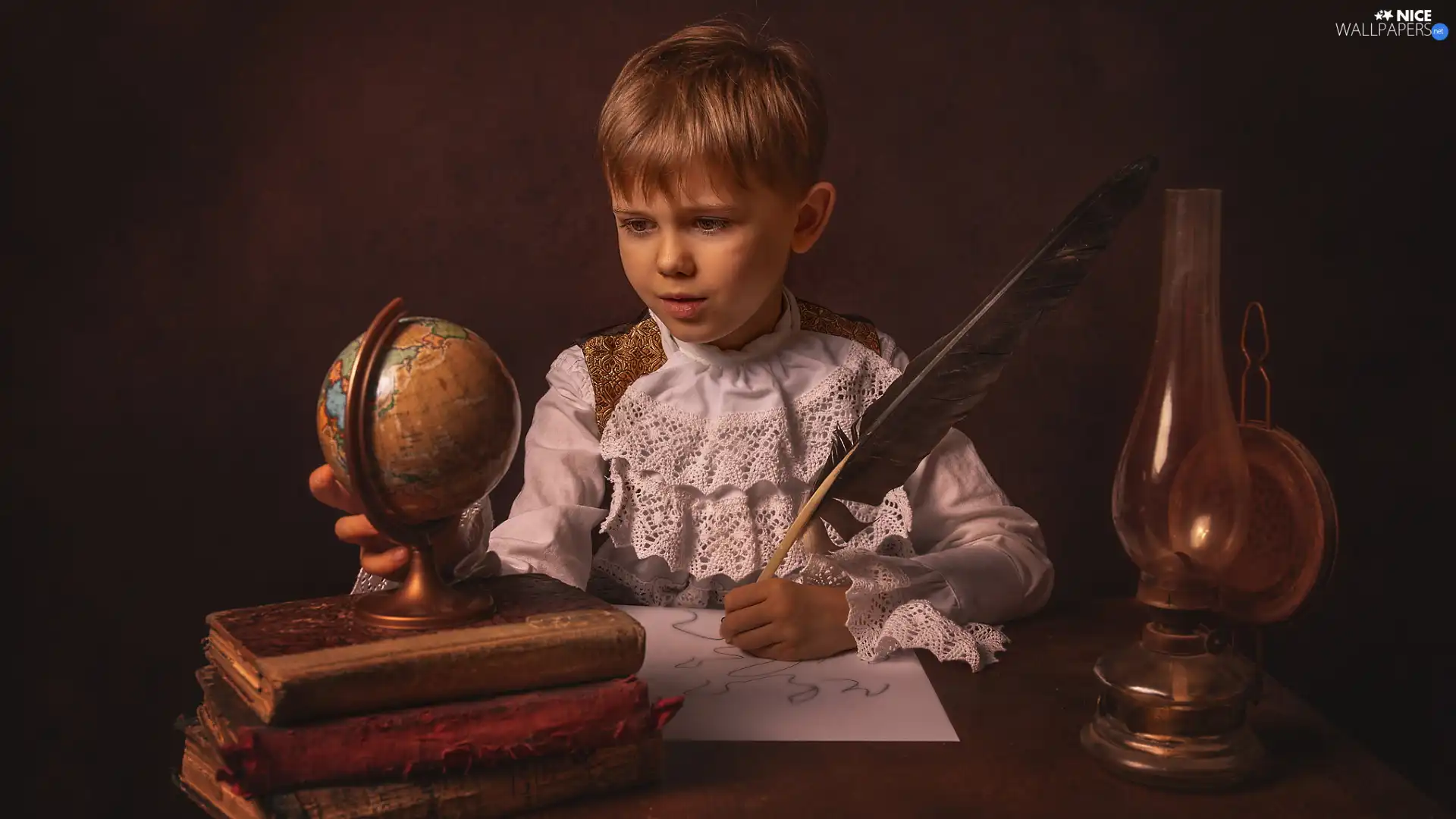 Books, boy, Lamp, pen, globe, science