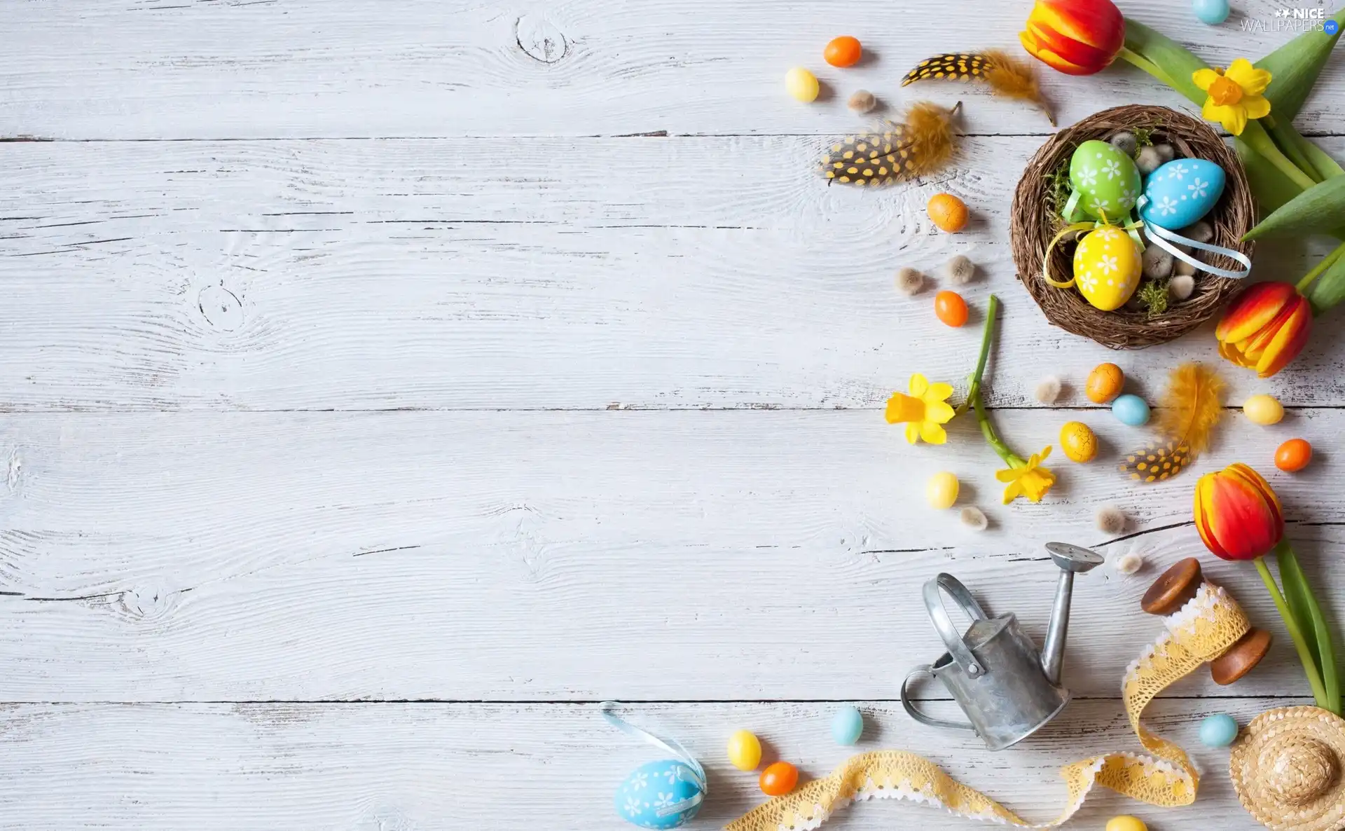 Daffodils, eggs, watering can, basket, Easter, Tulips, pen