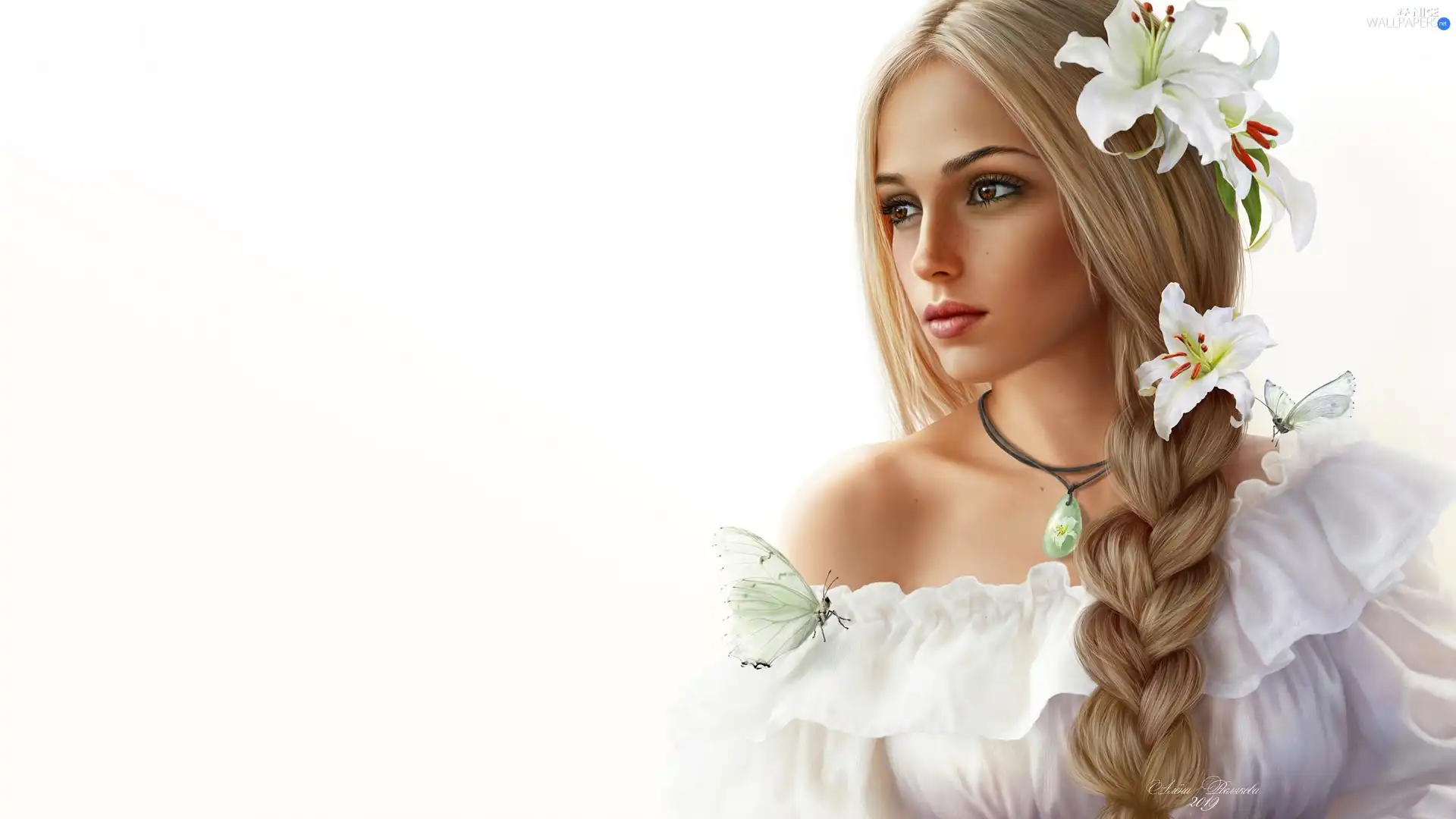 background, pigtail, butterflies, very sensible, lilies, White, pendant, White, Blouse, White, Blonde, girl, portrait, graphics