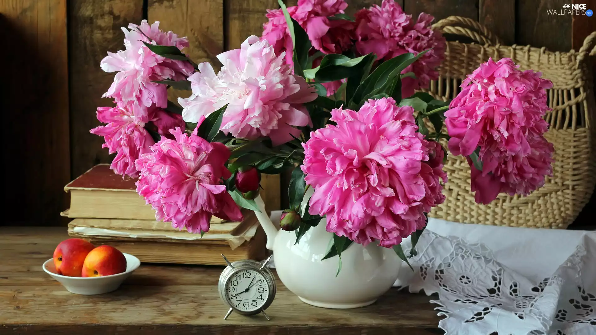 Peonies, jug, basket, Fruits, alarm clock, Flowers, bouquet, Books