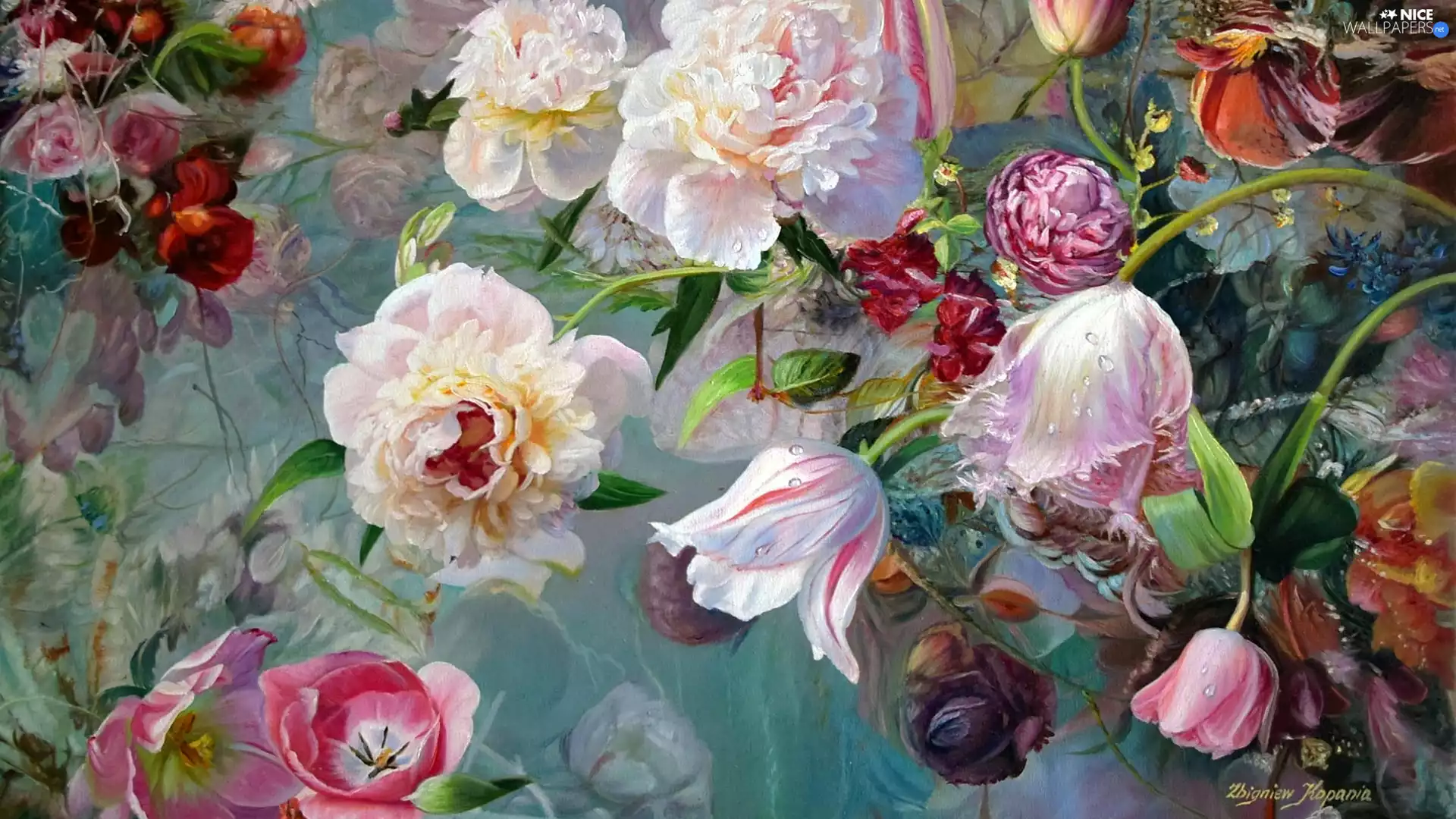 Flowers, picture, Tulips, Zbigniew Kopania, painting, roses, Peonies
