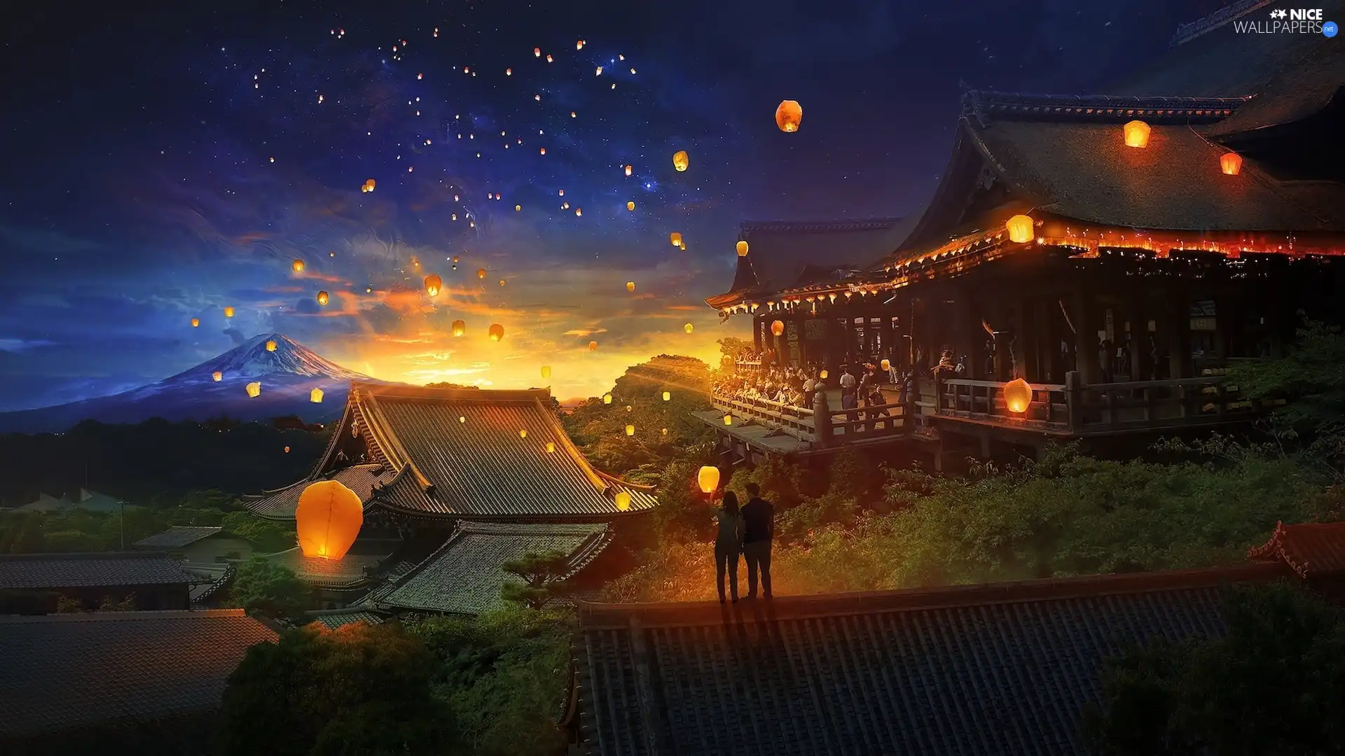 light, graphics, Houses, People, Lanterns, Night