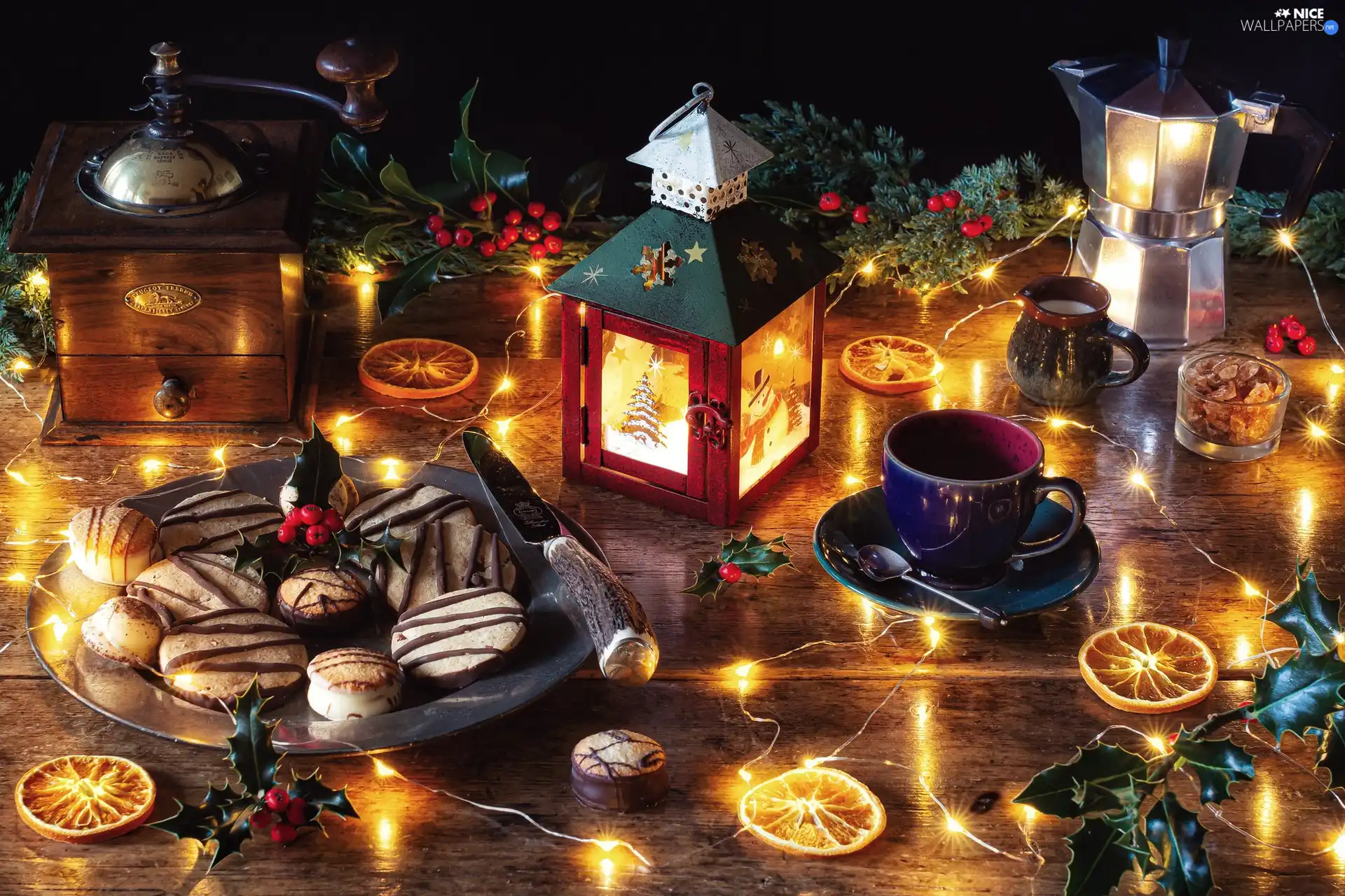 cookies, lantern, Coffee Percolator, lights, cup, mill