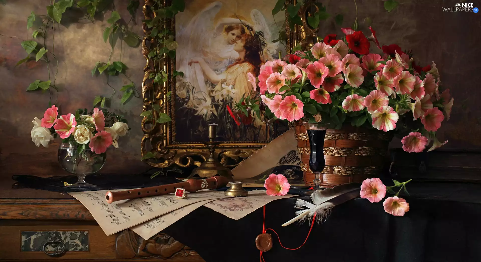 picture, bouquet, flute, petunias, Flowers, Tunes, composition