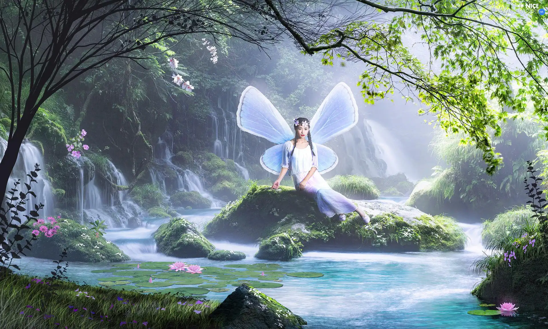 Rocks, fantasy, forest, photomontage, River, fairy