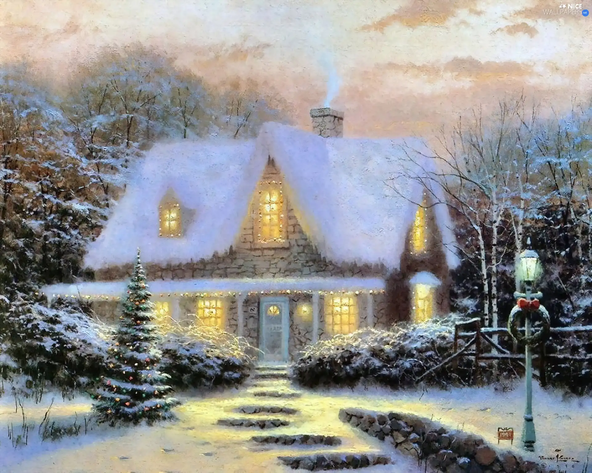 picture, winter, Cottage