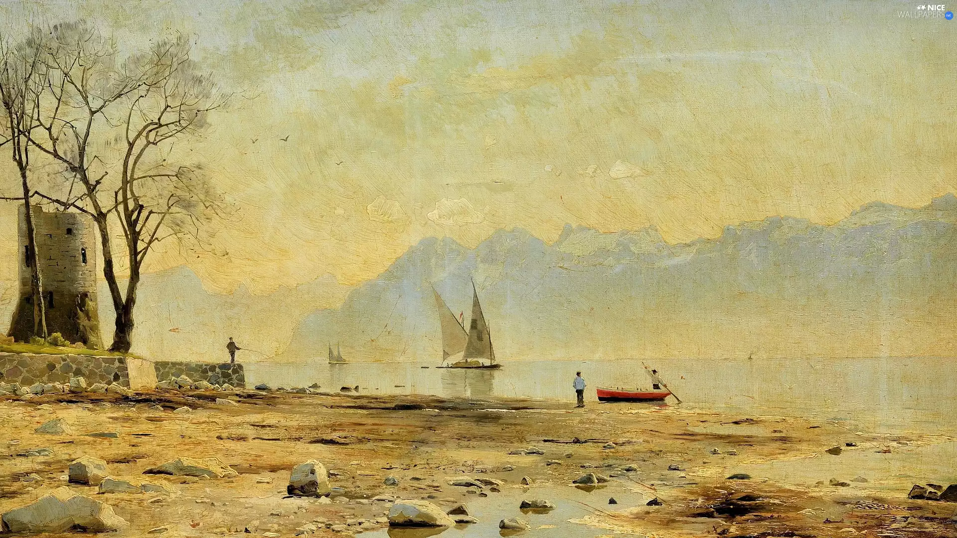 picture, painting, Peder Monsted, angler, coast, Stones, Mountains, lake, Sailboats