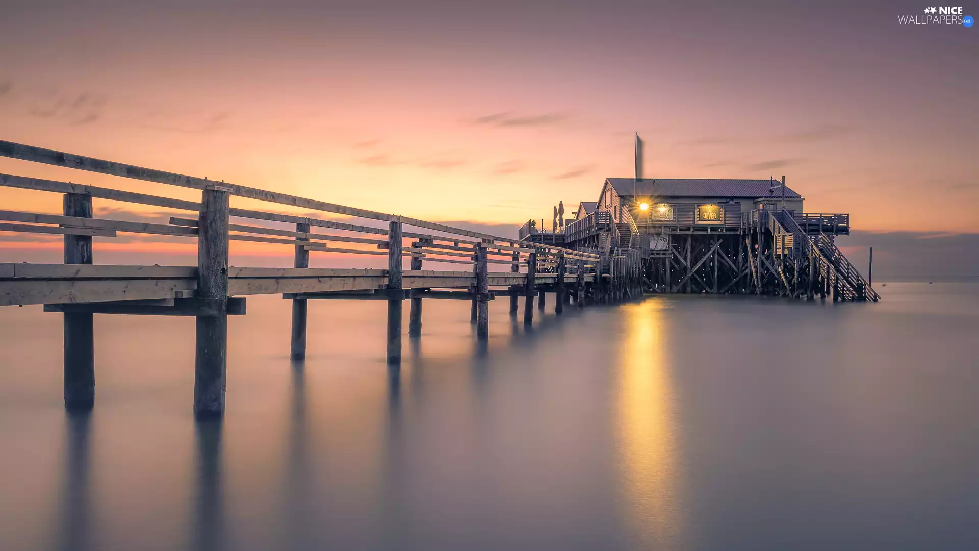 house, Great Sunsets, pier, wooden, sea