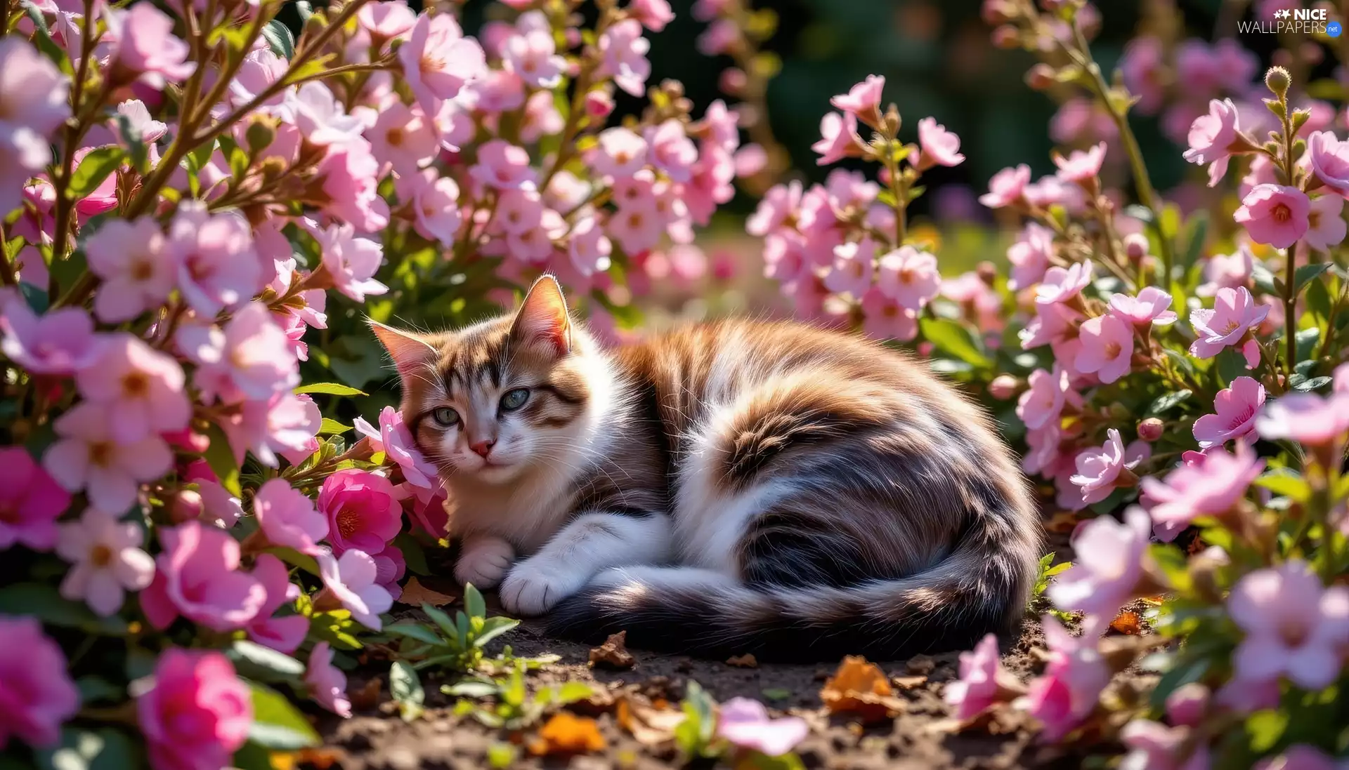 Pink, cat, Flowers