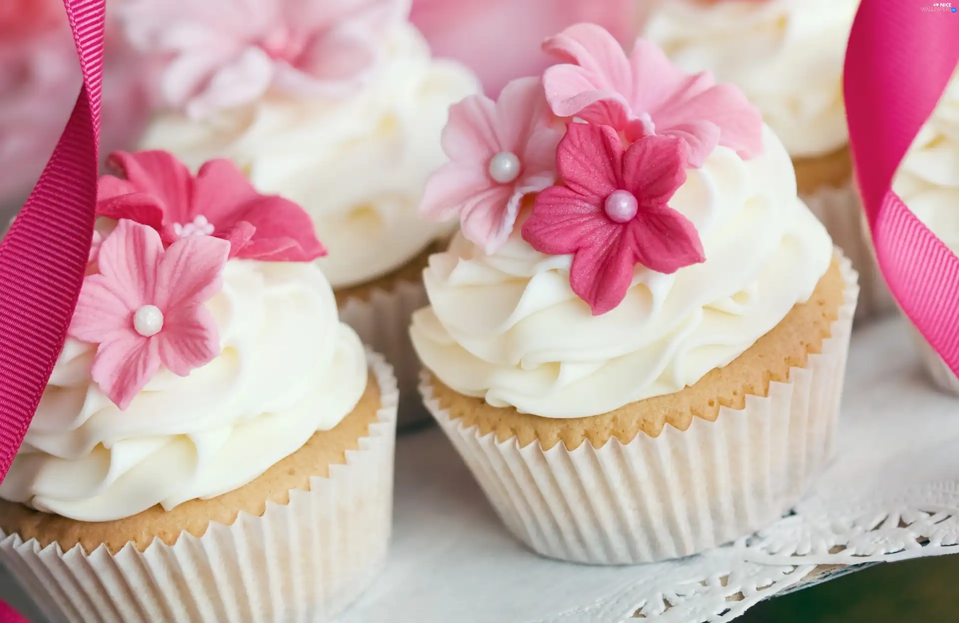 Pink, flowers, Muffins, cream, muffins