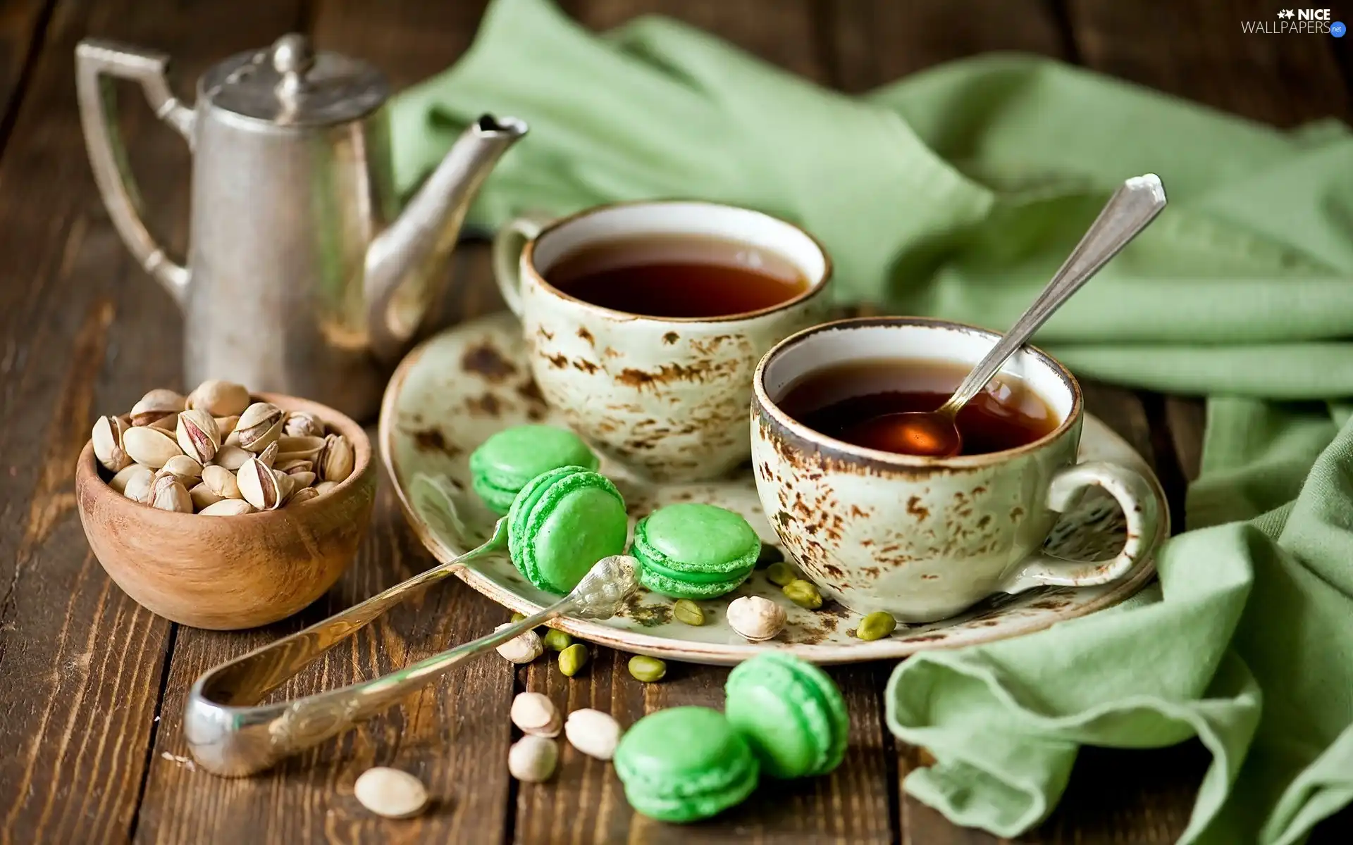 cups, Cookies, pistachios, tea