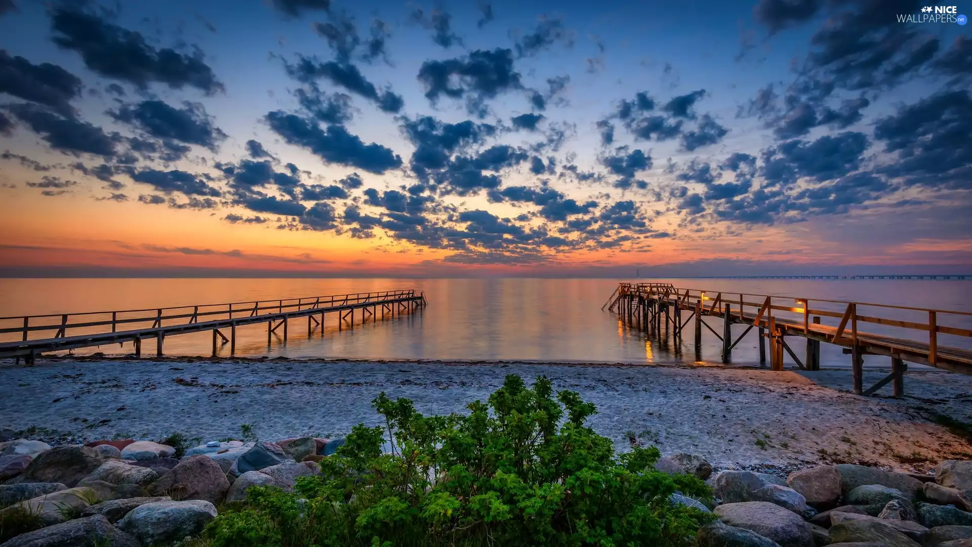 Stones, Plants, pier, clouds, sea