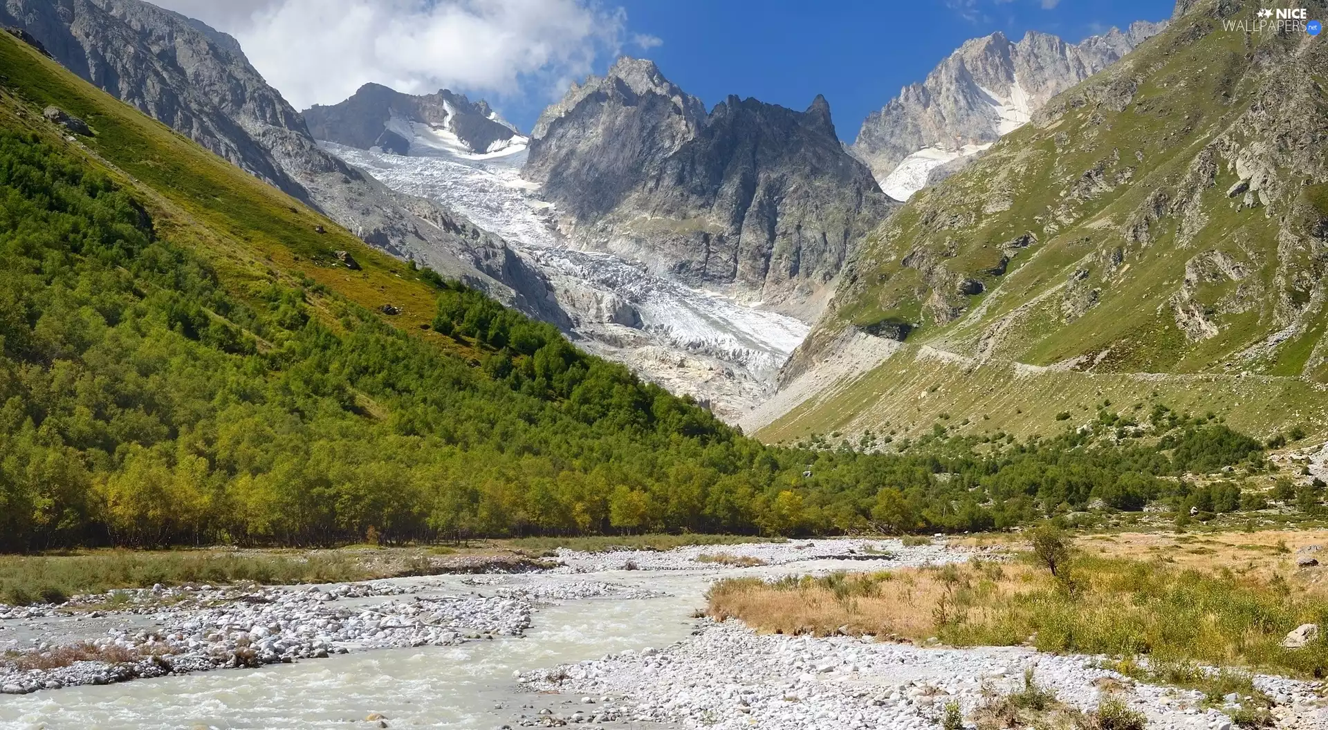 Stones, Plants, Valley, River, Mountains