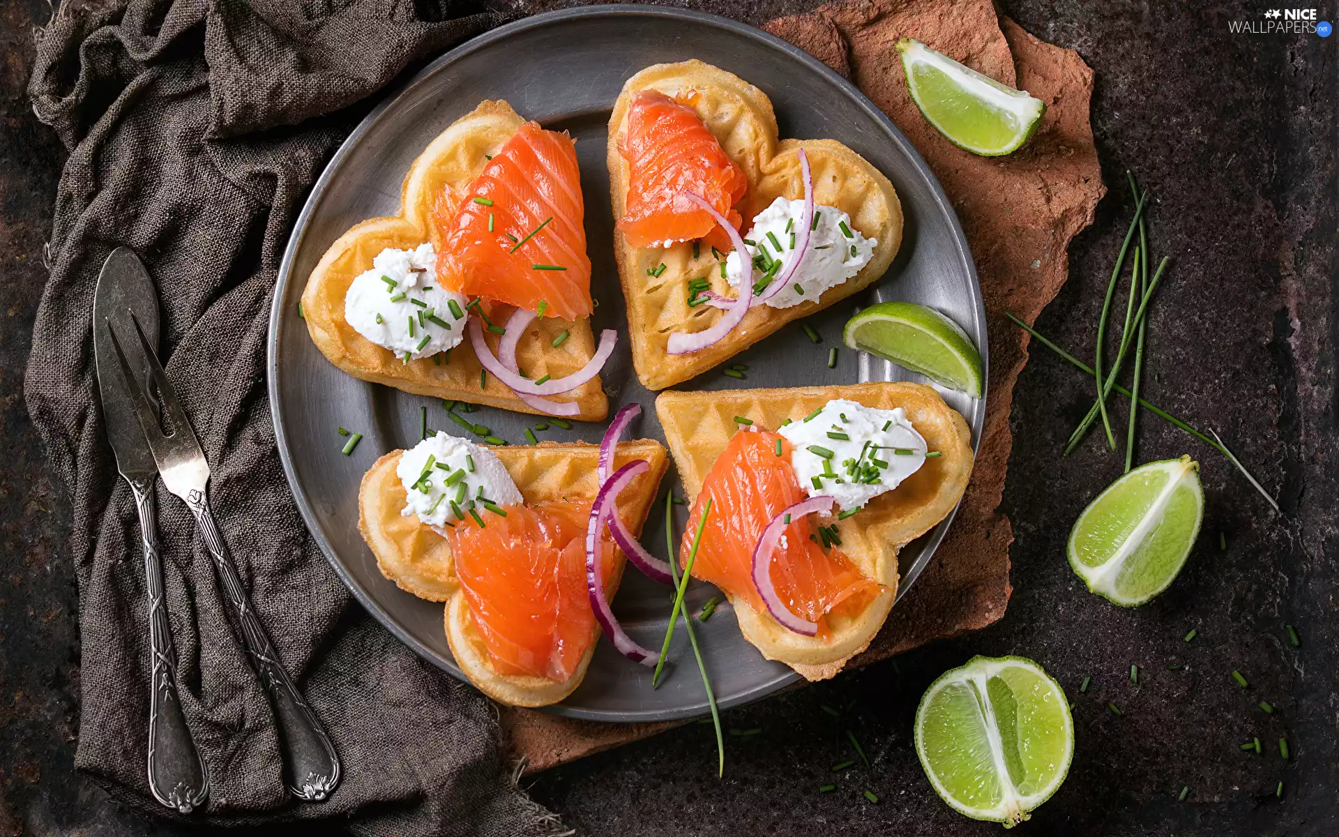 salmon, hearts, lime, waffles, sandwiches, White cheese, plate