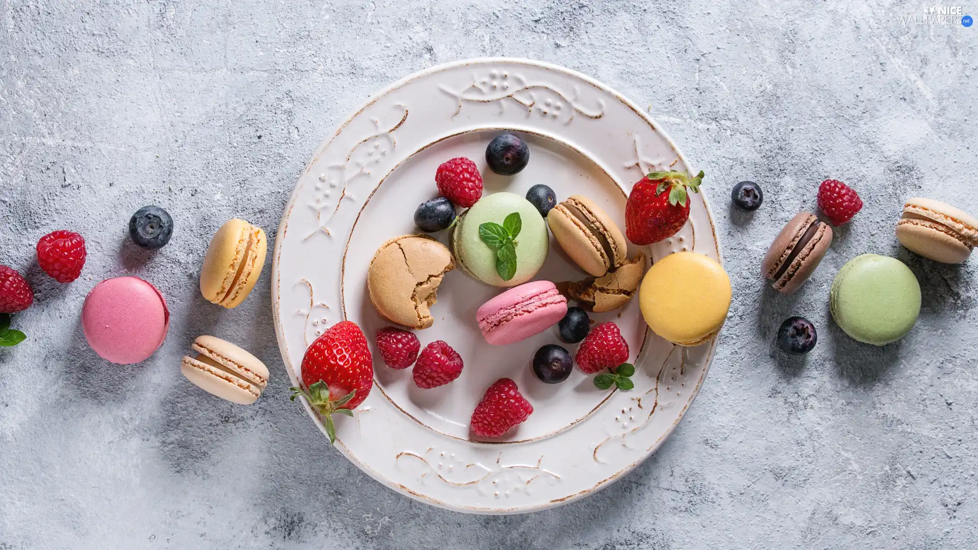 Fruits, plate, Macaroons, fresh, Cookies