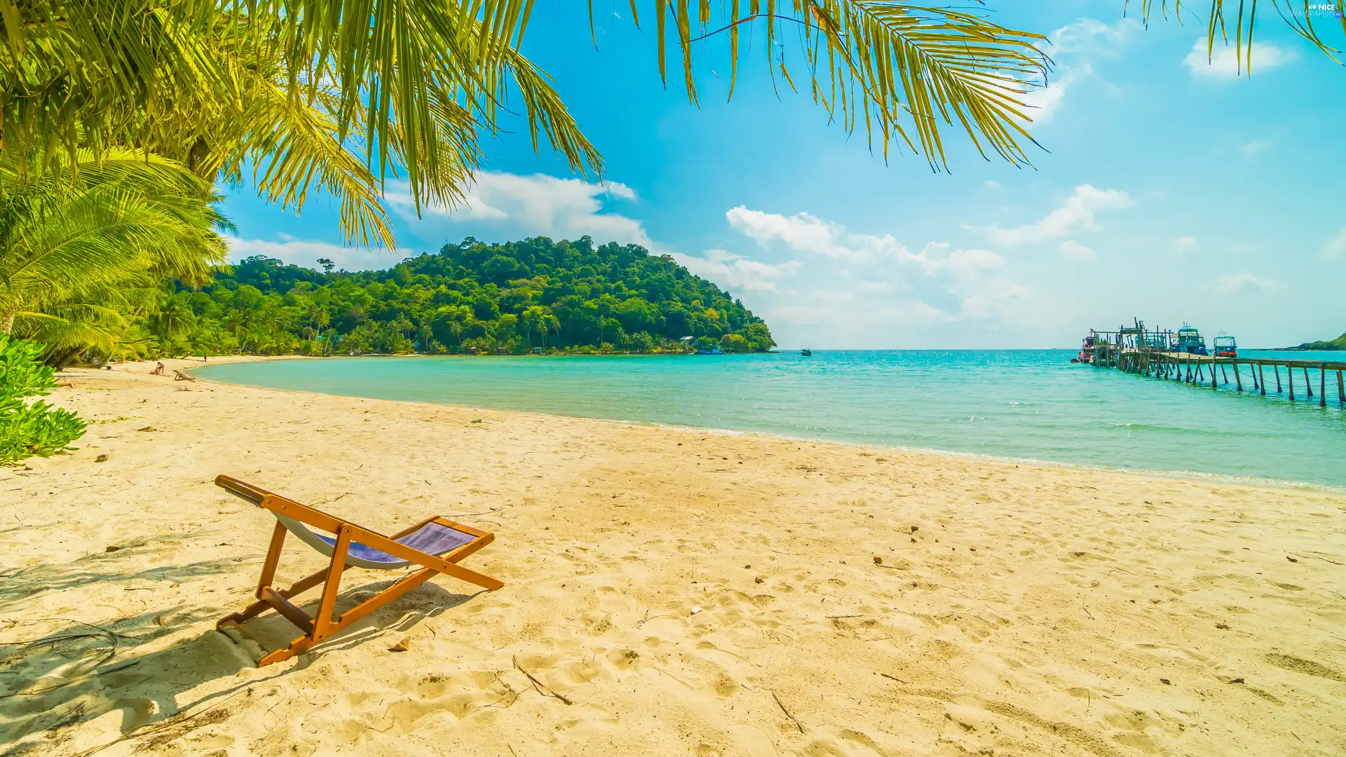 viewes, hammock chair, pier, trees, Beaches, sea, Platform