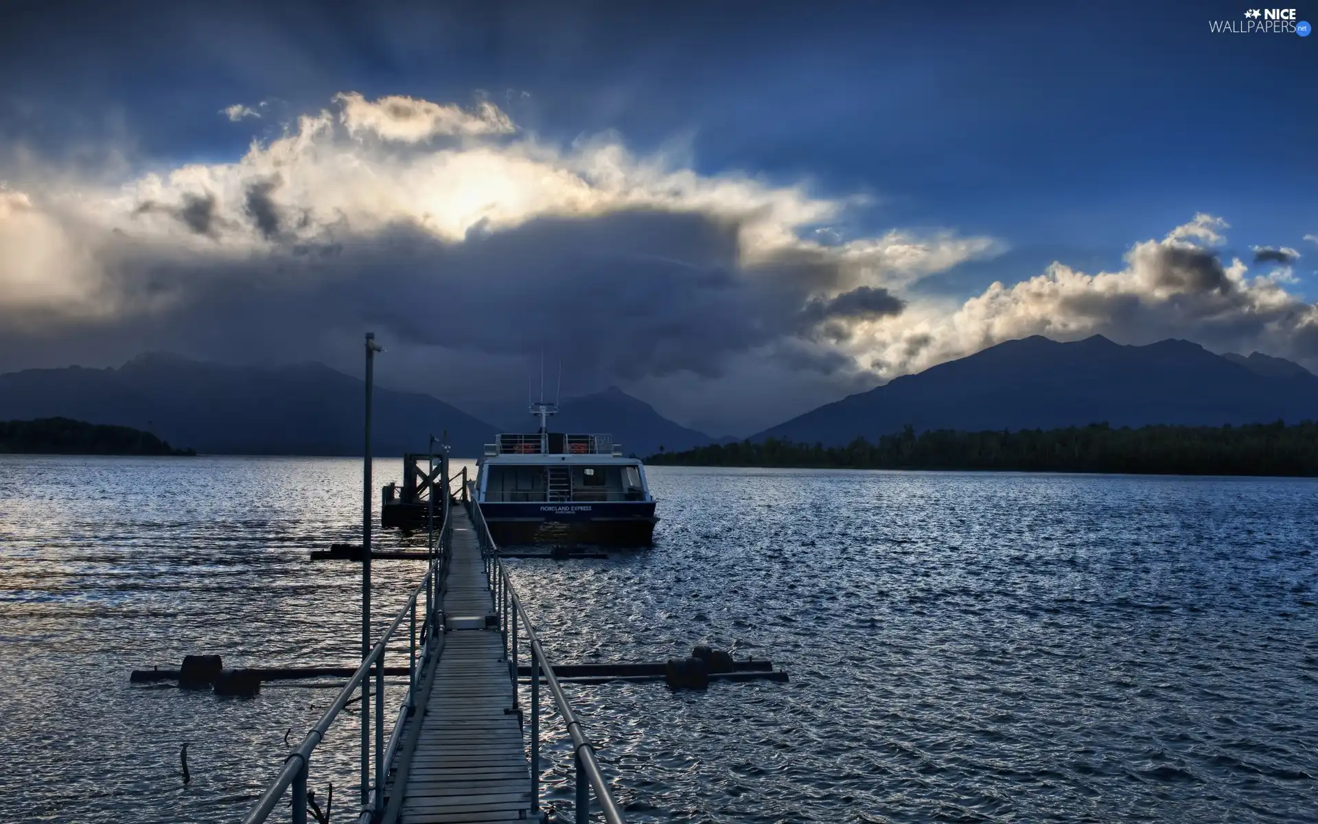 Platform, clouds, Mountains, Yacht, River