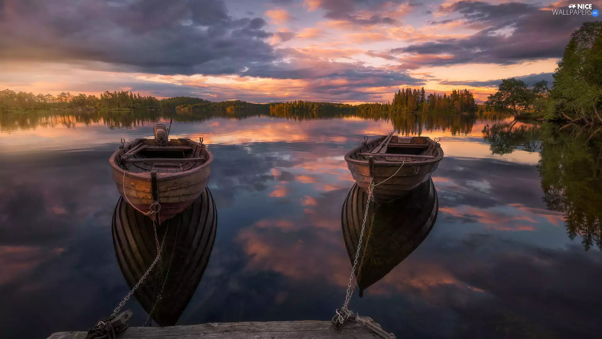 lake, trees, clouds, viewes, boats, Ringerike, Norway, Platform