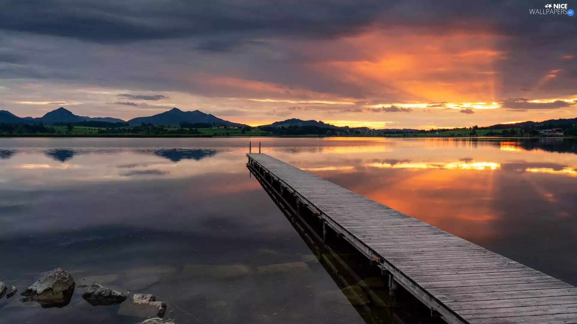 Mountains, Platform, Great Sunsets, lake