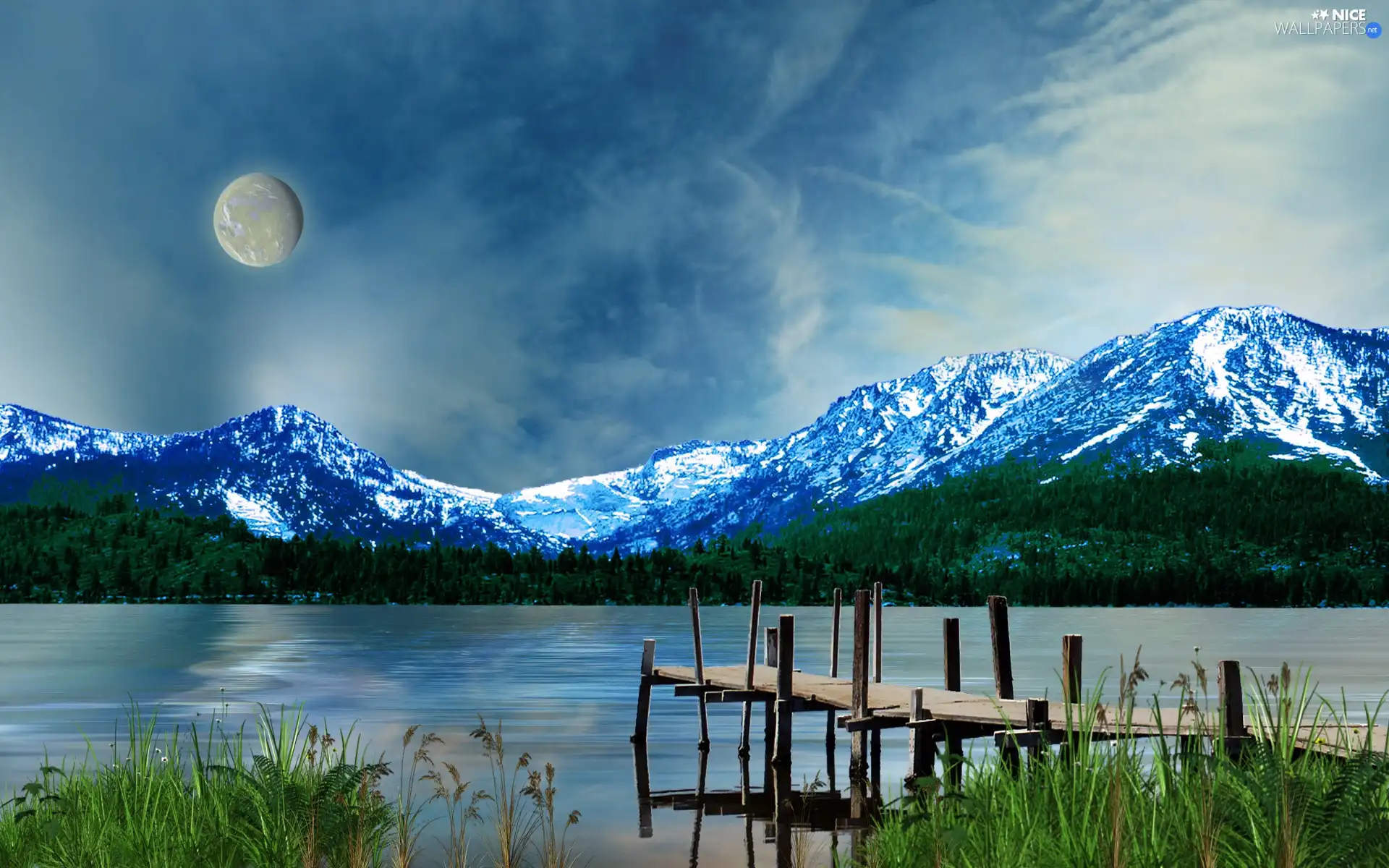 lake, moon, Platform, Mountains