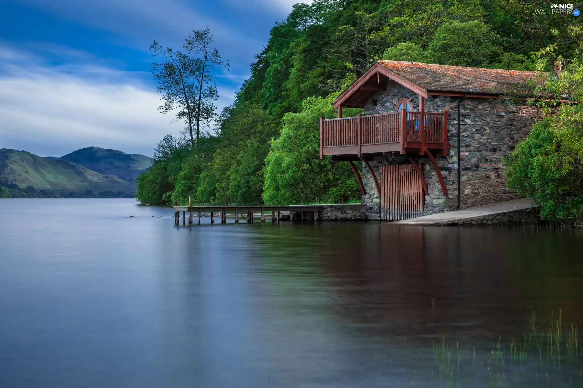lake, Harbour, viewes, Platform, Home, trees, forest
