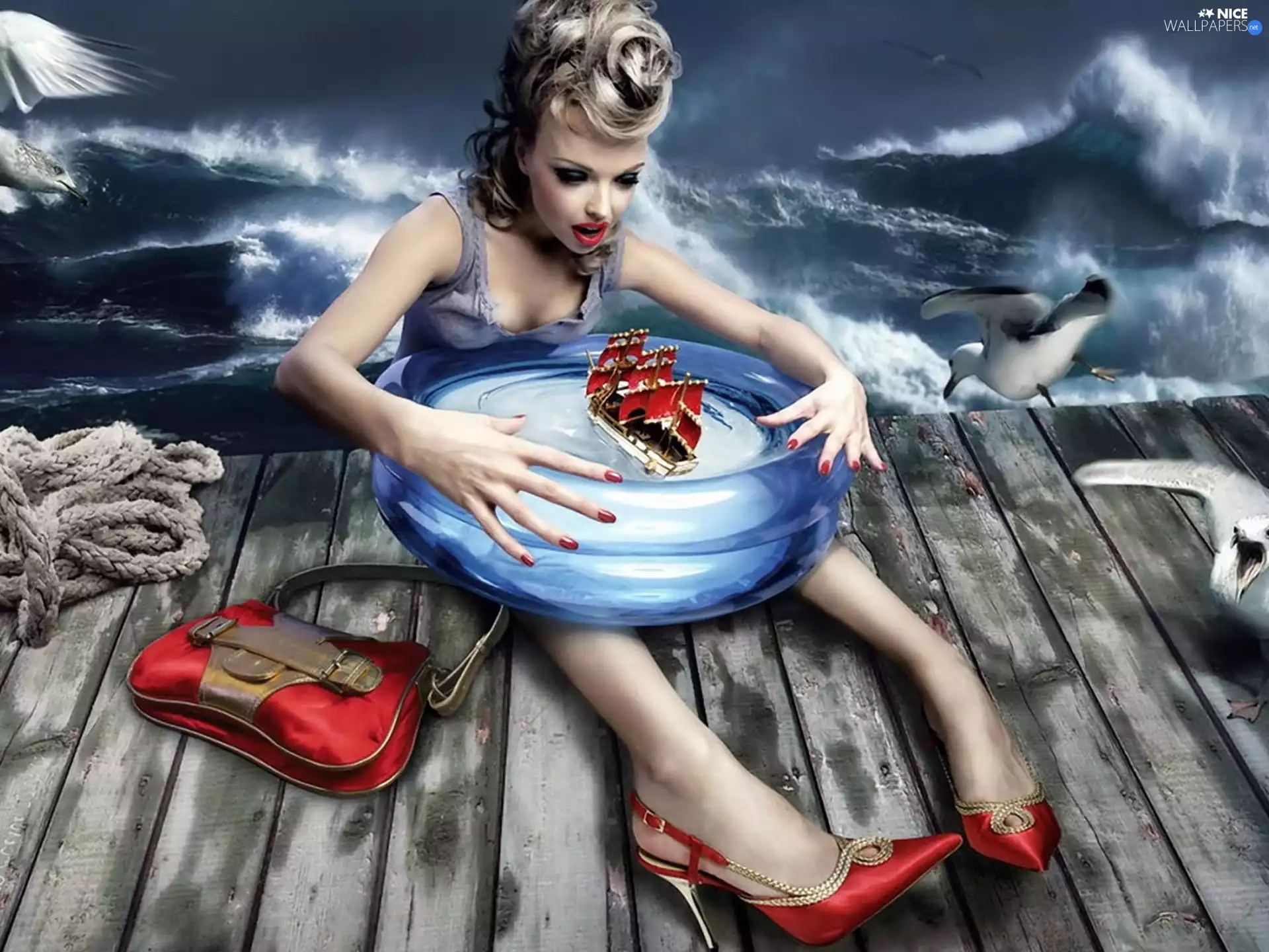 Women, paddling, Storm, Platform